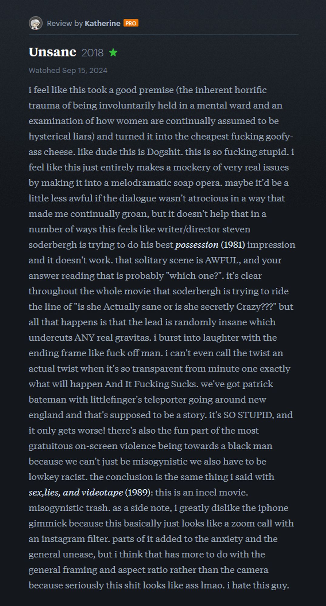 📽️ screenshot of my letterboxd review for unsane (2018)