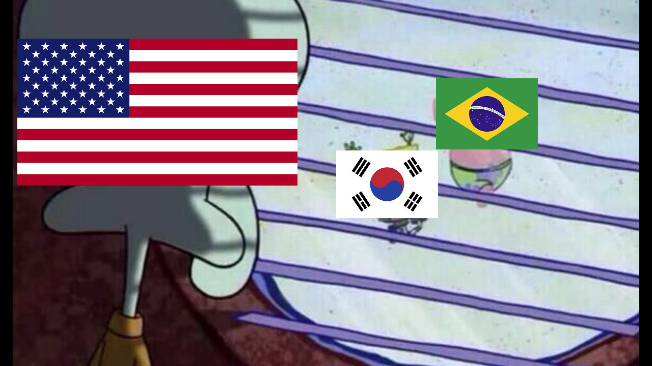 squidward looking through the window at spongebob and patrick playing meme but labeled with the US flag for squidward, korean flag for spongebob, and brazil for patrick