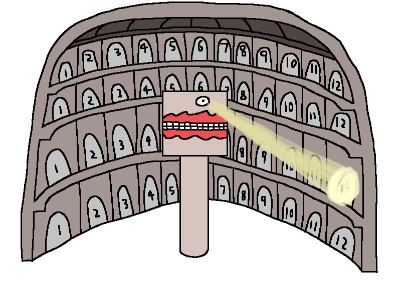 an mspaint drawing of the famous panopticon meme image, but with a few notable differences. depicted is a domed circular prison that has been cross sectioned for viewing purposes. there are 4 layers of cells where and the building is very gray along with a guard tower in the center shining its light on one cell. the first notable difference is that each row has twelve cells where each of the cell is numbered one to twelve. this is because this is actually a large clock, or a panopticlock if you will. before you even ask, this is a 24 hour clock, but we simply only see one half of it in the cut out. the other notable difference is that the guard tower is actually the flesh panopticon from ULTRAKILL. this is because i want act 3 to release already and it's funny to include this here for all four ultrakill followers i have. it's also thematically fitting if you think about it because now we're doubling up on themes and if a prisoner breaks out they're gonna have to P rank sisyphus prime.