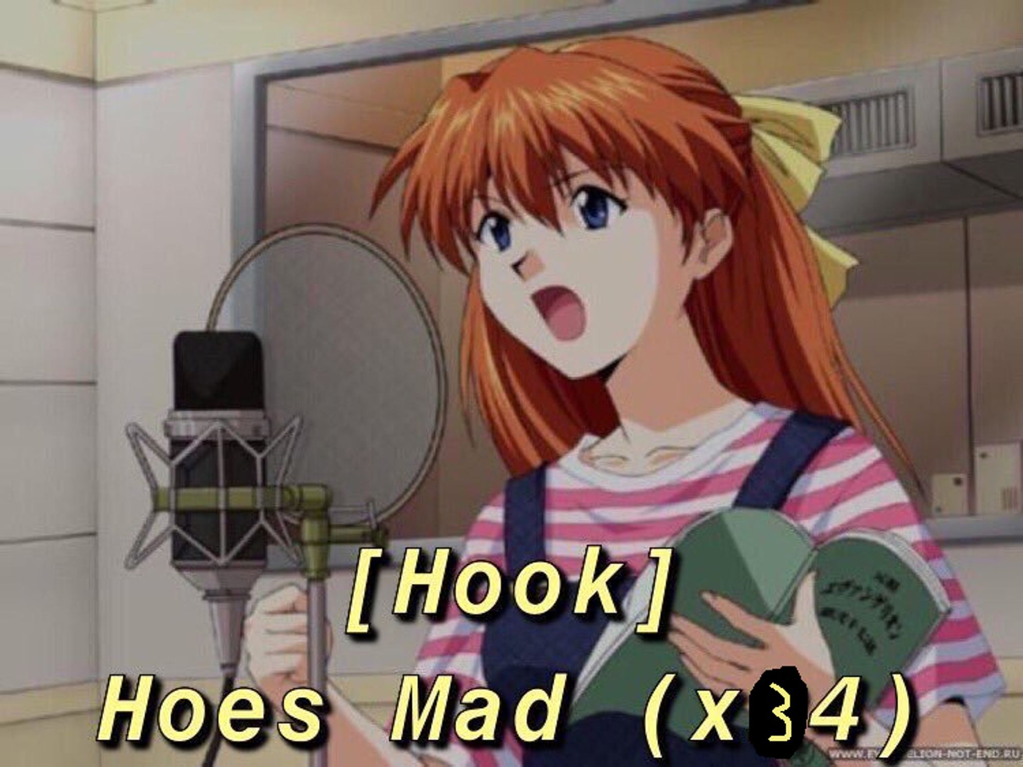 asuka from evangelion in an audio booth captioned "Hoes Mad x34"