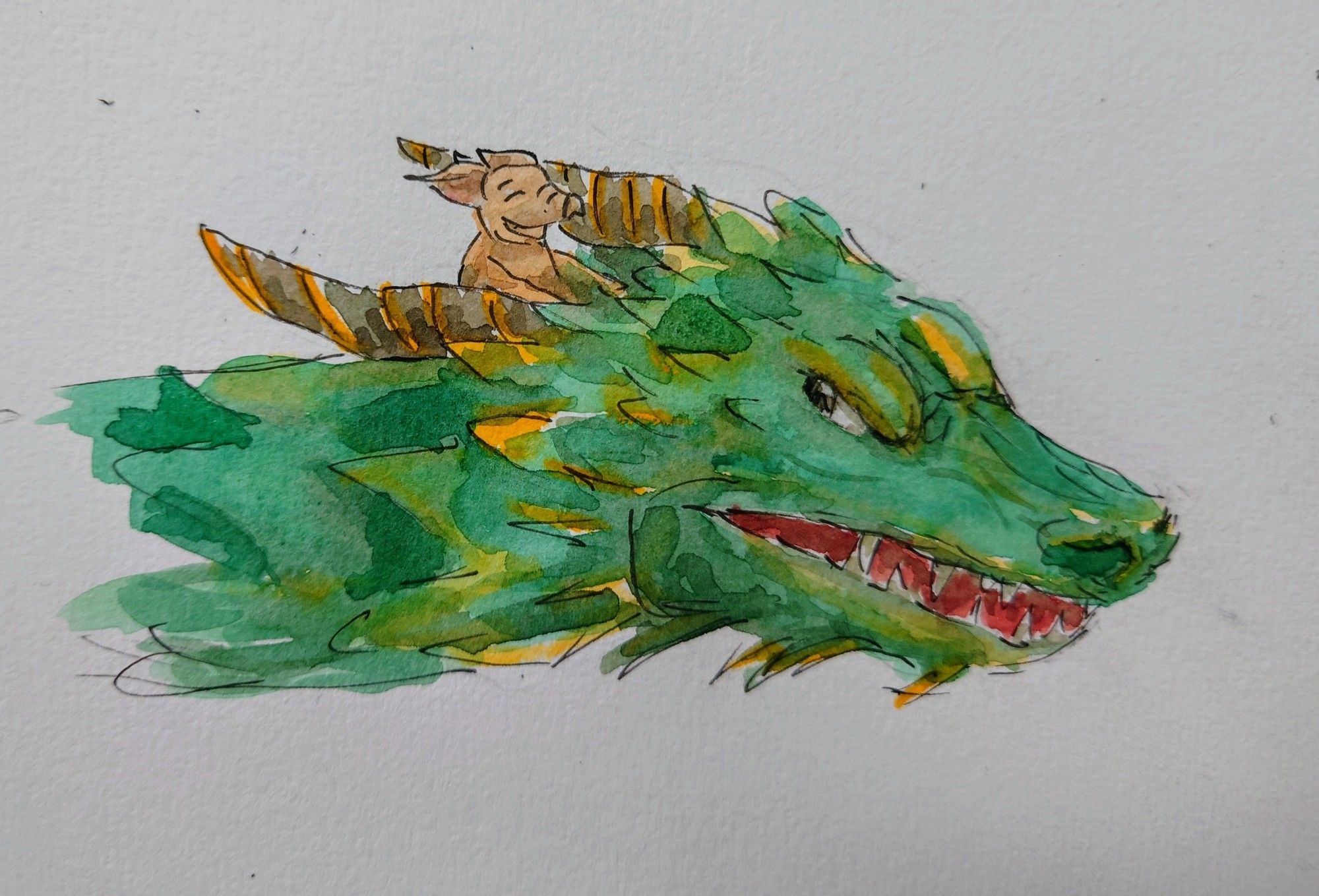 Ein kleines Schwein sitze auf dem Nacken eines grünen Drachen und fliegt mit.
Gemalt in Aquarell und Fine-Liner