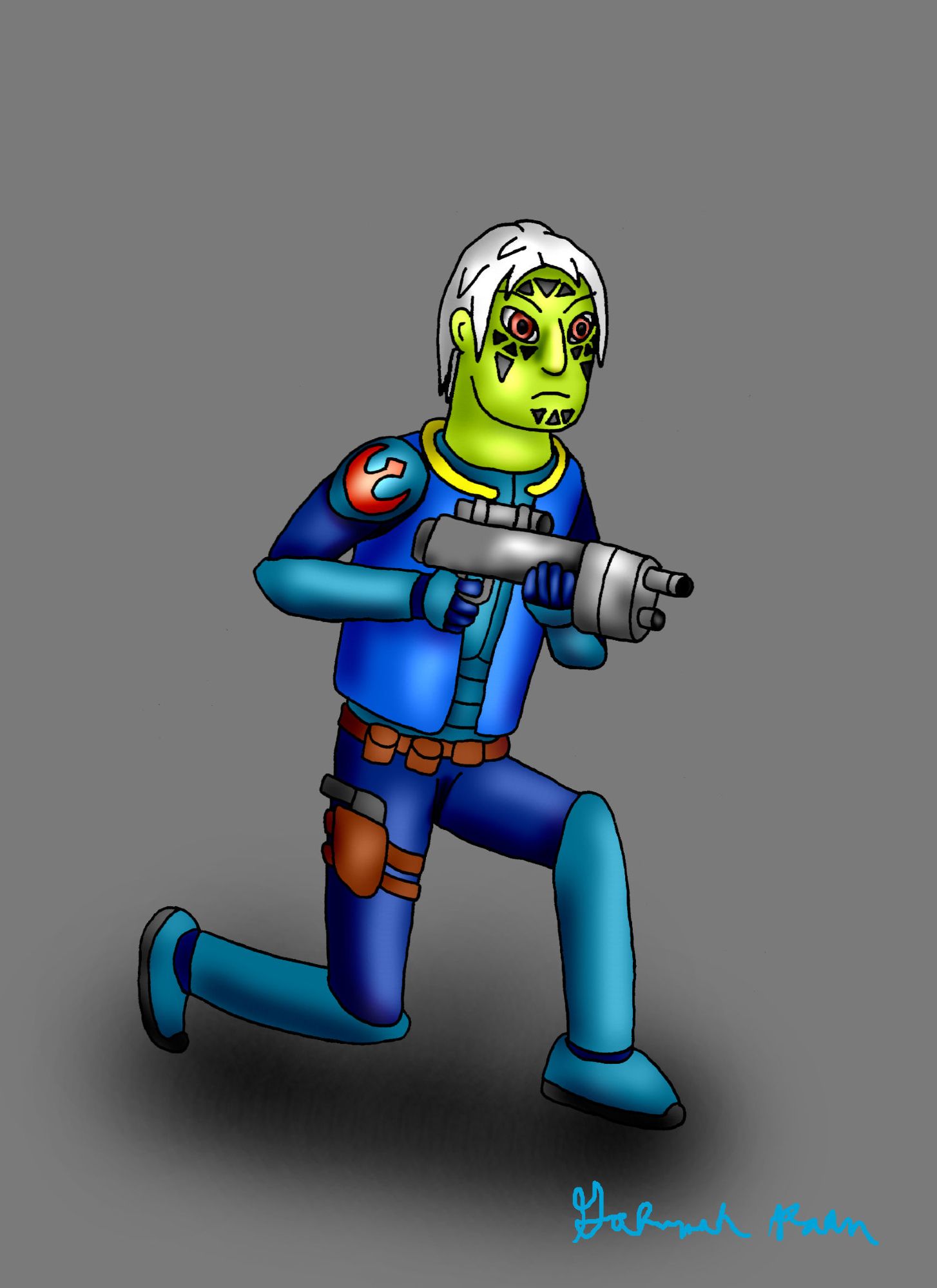 Concept art of Xadisall Varessi, a Mirialan man in his late-thirties with silver hair who is the captain of the Galactic Alliance's Besh Squad. He is in a crouching position aiming a blaster rifle with a serious look on his face.