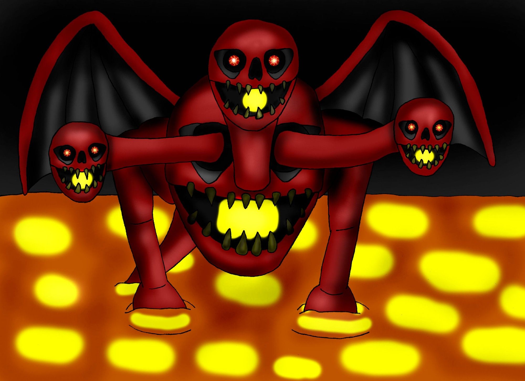 Concept art of the Forceless Archfiend, Cinydra, a three-headed dragon-like creature with skull-like heads coming out of a skull-like torso.