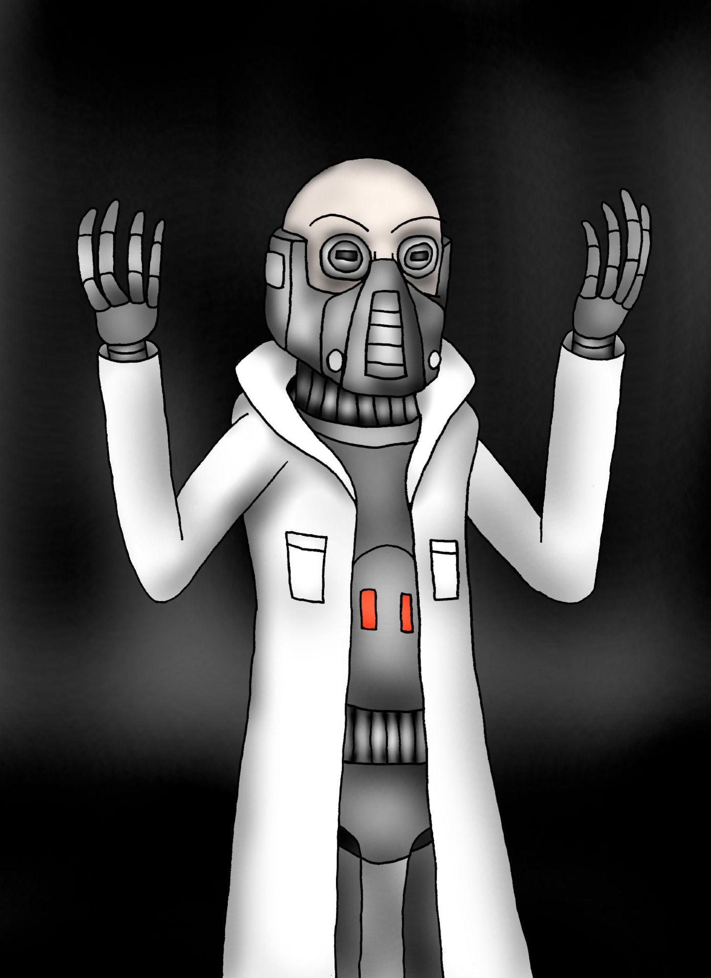 Concept art of Doctor Nole Breibog, a bald human cyborg scientist that has replaced every part of his body below his neck with machinery. He claims to be a master engineer, but he's really an egotistical buffoon (in fact, he lost of his body because of his own engineering incompetence).