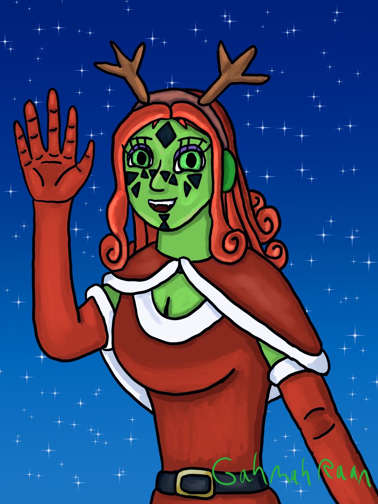 Art of Hiriss Moraana, a Mirialan-human woman, wearing a red dress with white trims, green ear muffs, and a headband with reindeer antlers. She is audience with a smile on her face.