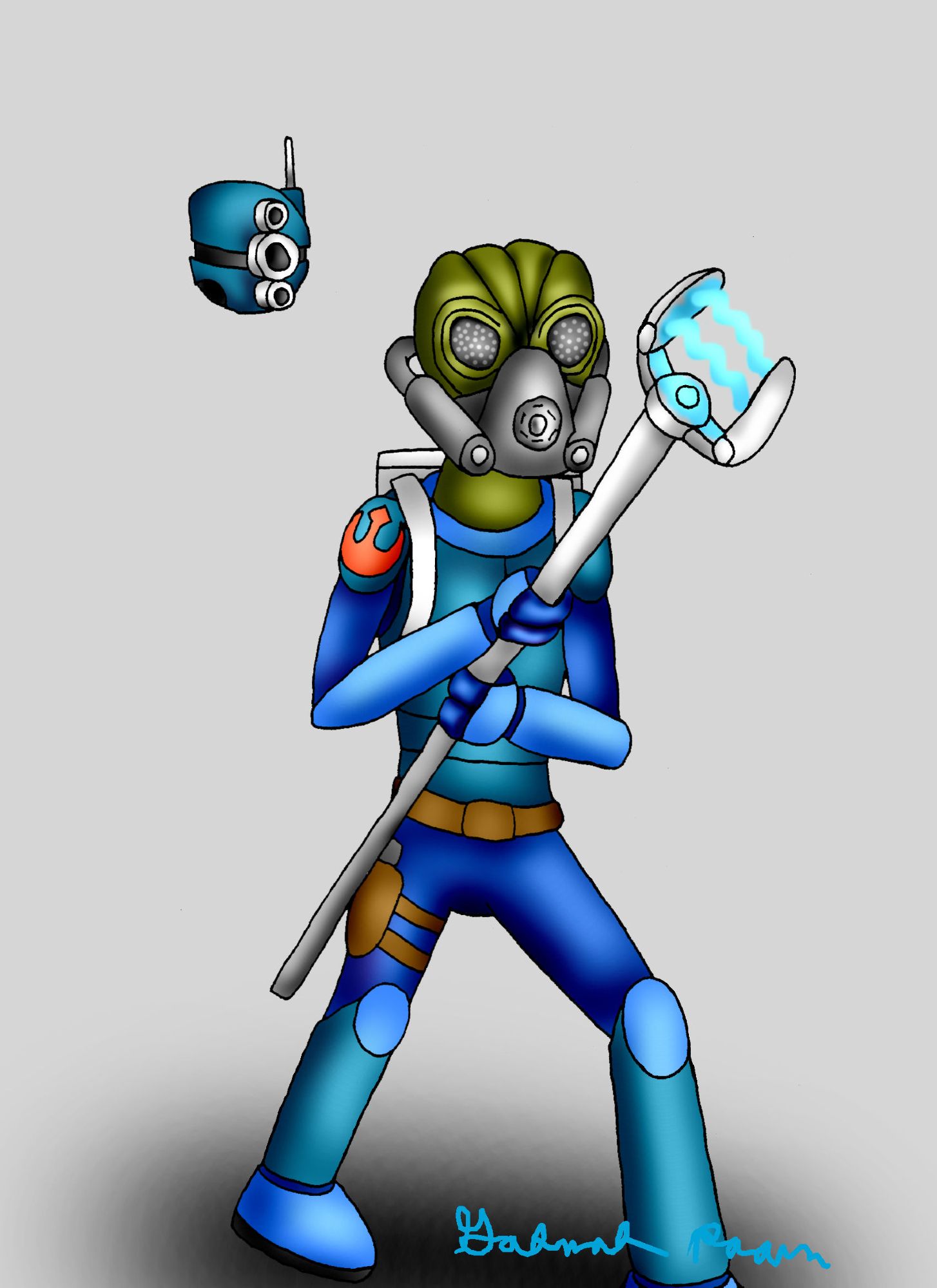 Concept art of Boltz Welmok (Codename: Boltz), a Gand who serves as Besh Squad's engineer and technician. He wears a breathing apparatus and wields a Gand shockstaff as a carryover from his status as a Findsman. He is also accompanied by a turquoise-plated reconnaissance droid.