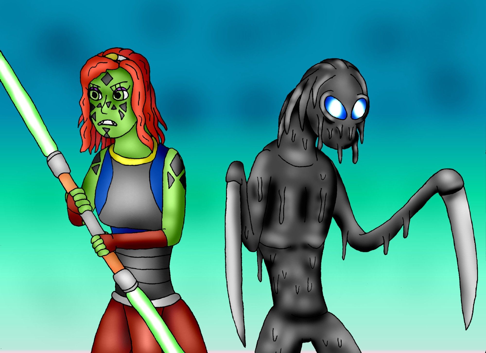 Concept piece of Hiriss Moraana - a green-skinned Mirialan-human hybrid Jedi with wavy red hair, an abnormal pair of fangs, and a green double-bladed lightsaber - and Elscorsef - a young Forceless symbiote with blue eyes who has taken on a temporary humanoid form - in combat stances.