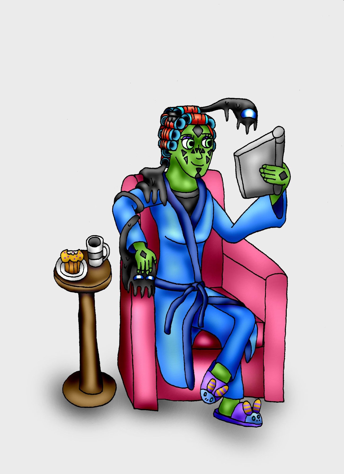 Concept piece of Hiriss Moraana and Elscorsef relaxing in their downtime. Hiriss is sitting in a chair reading a datapad, wearing a blue bathrobe, pajama bottoms, hair curlers and purple Tooka cat slippers while petting Elscorsef. Meanwhile Elscorsef - in slime form - is creating a tendril that wraps around Hiriss's arm and through her hair rollers before coming out of them as an eyestalk.