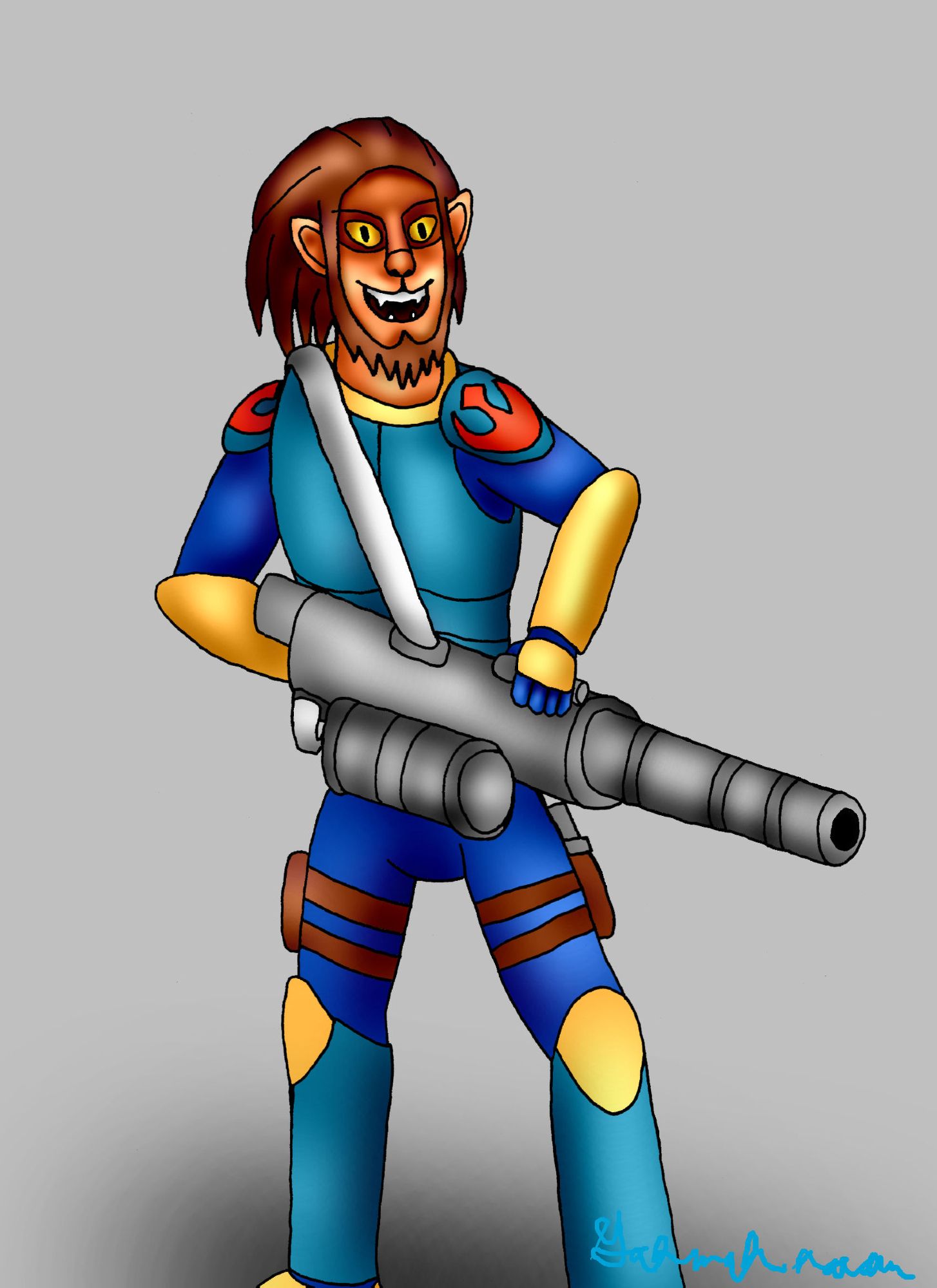 Concept art of Banir Keeti (Codename: Bad Kitty), a large, boisterous Cathar man with a love for good scrapes. He is holding a portable heavy repeating blaster cannon.