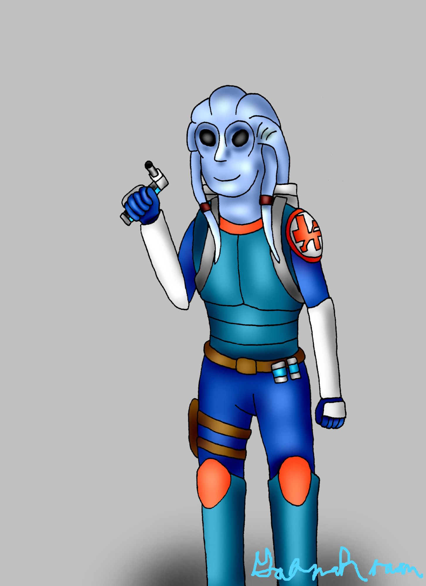 Concept art of Quoll Jomas (Codename: Patcher), a blue-skinned Nautolan who serves as Besh Squad's medical officer that tries to maintain an optimistic outlook even in difficult situations. He has a bacta spray bottle in his right hand.