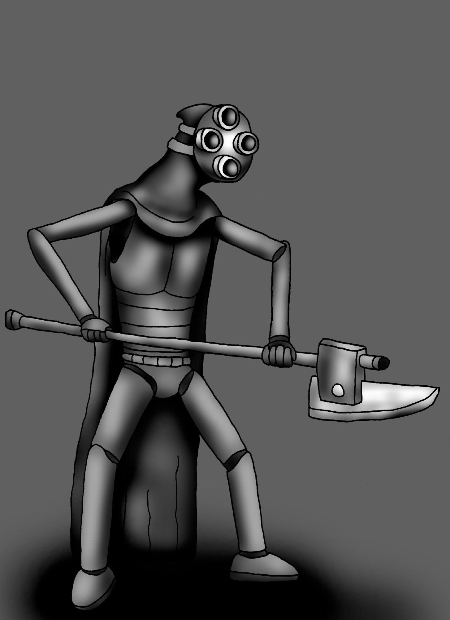 Concept art of a Forceless Construct Warrior, an armored humanoid Forceless symbiote with long limbs and a four-eyed mask wielding blaster-pike.