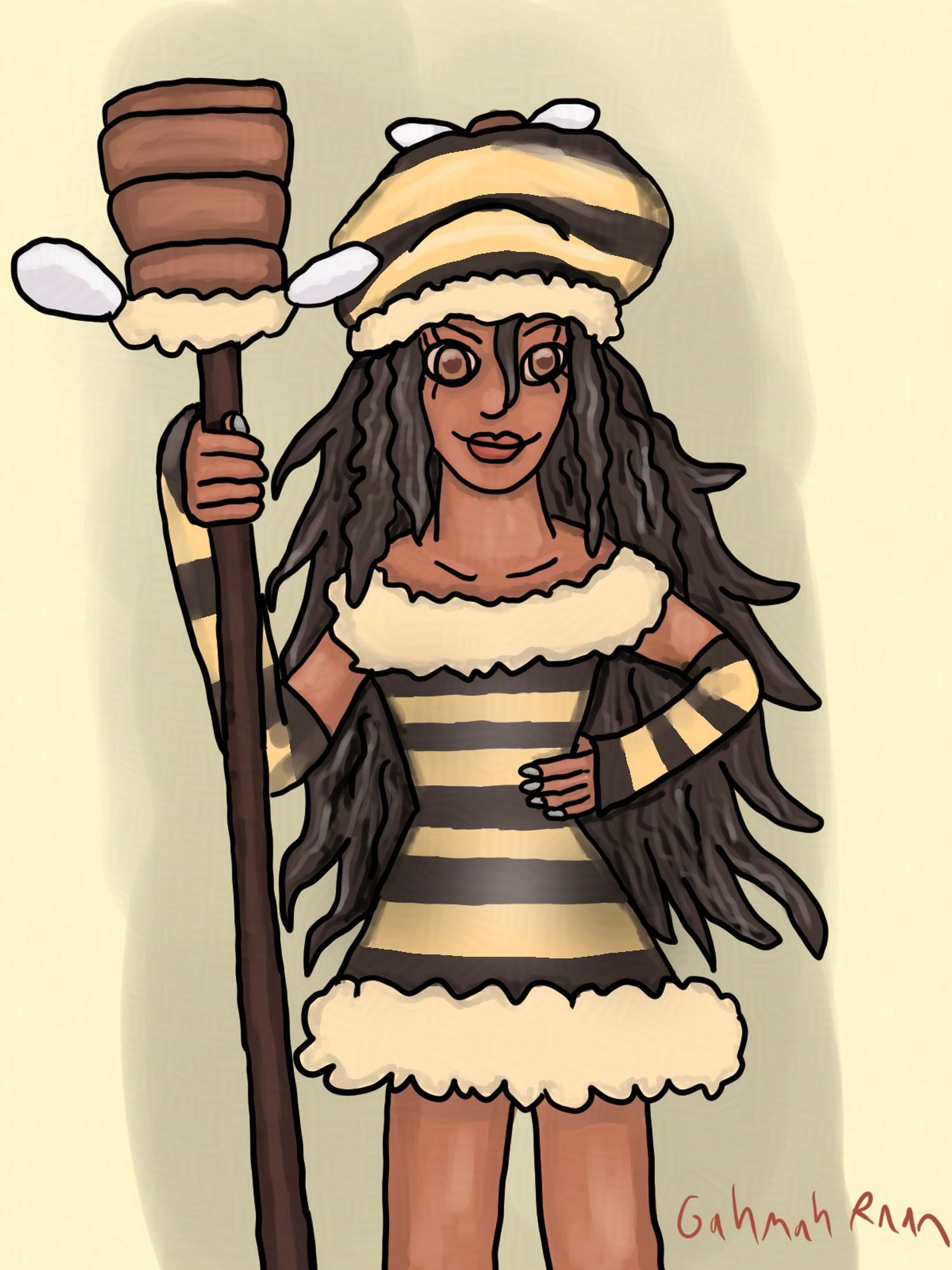 A drawing of a woman with a bee-themed dress.