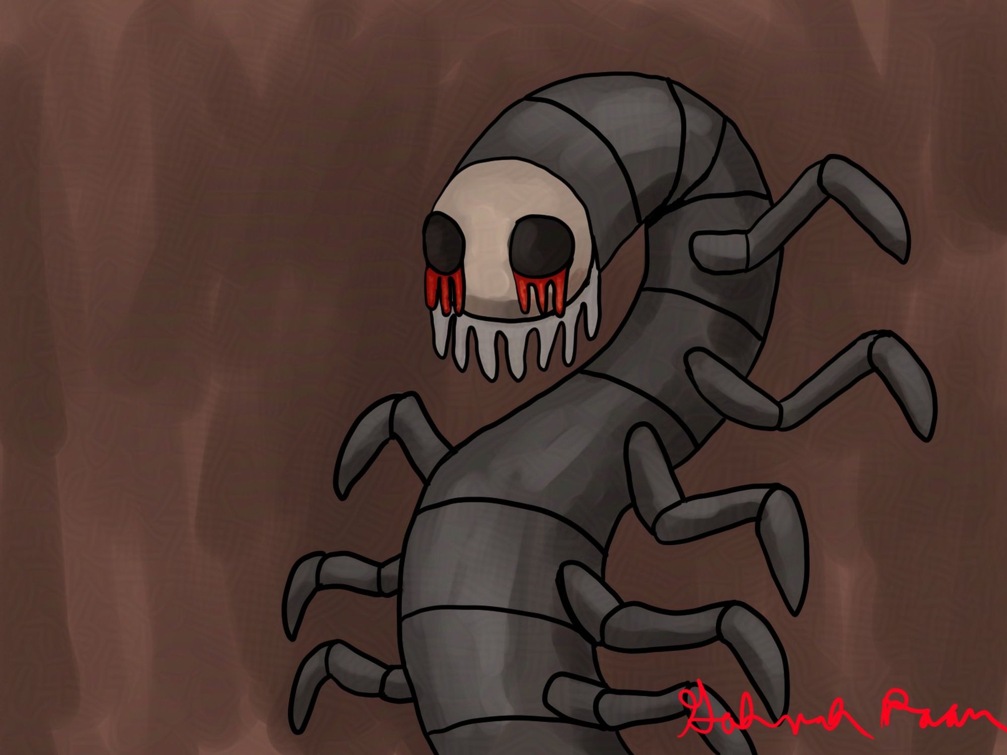 A drawing of a stylized centipede with blood coming from her eyes.