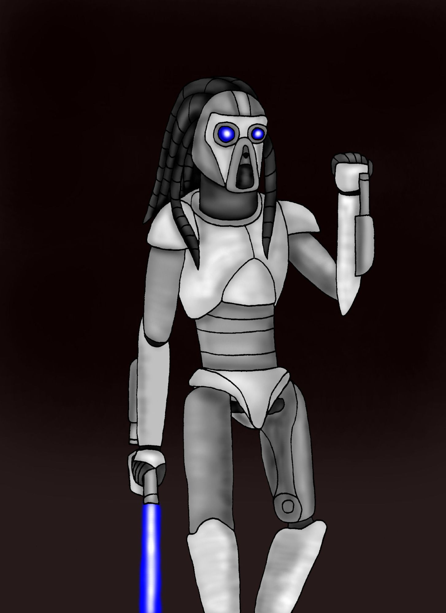 Concept art of Machinus (real name: Cid Geero), a combat droid that was once a Nautolan Jedi mechanic.