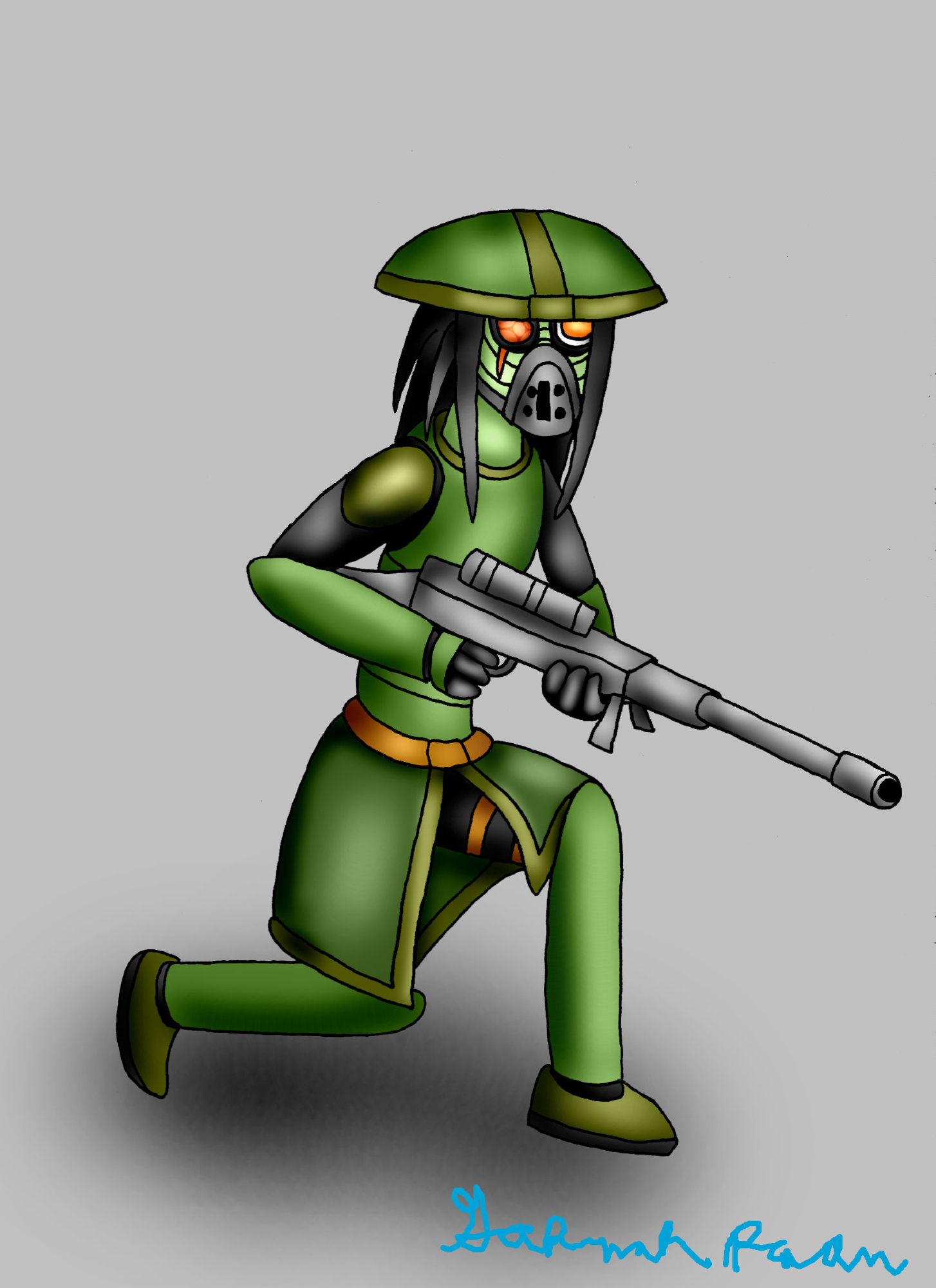 Concept art of Tsai Ventia (Codename: Spectre), a Kyuzo woman with long black hair and a respirator mask who serves as a sniper and scout for Besh Squad. She is in a crouching pose armed with a sniper rifle. Unlike most of the squad, she wears non-uniform camouflaged armor (even painting her disc-shaped Kyuzo war helmet to match). Her left eye has been replaced with a cybernetic implant while having a scar underneath her fully-organic compound right eye.