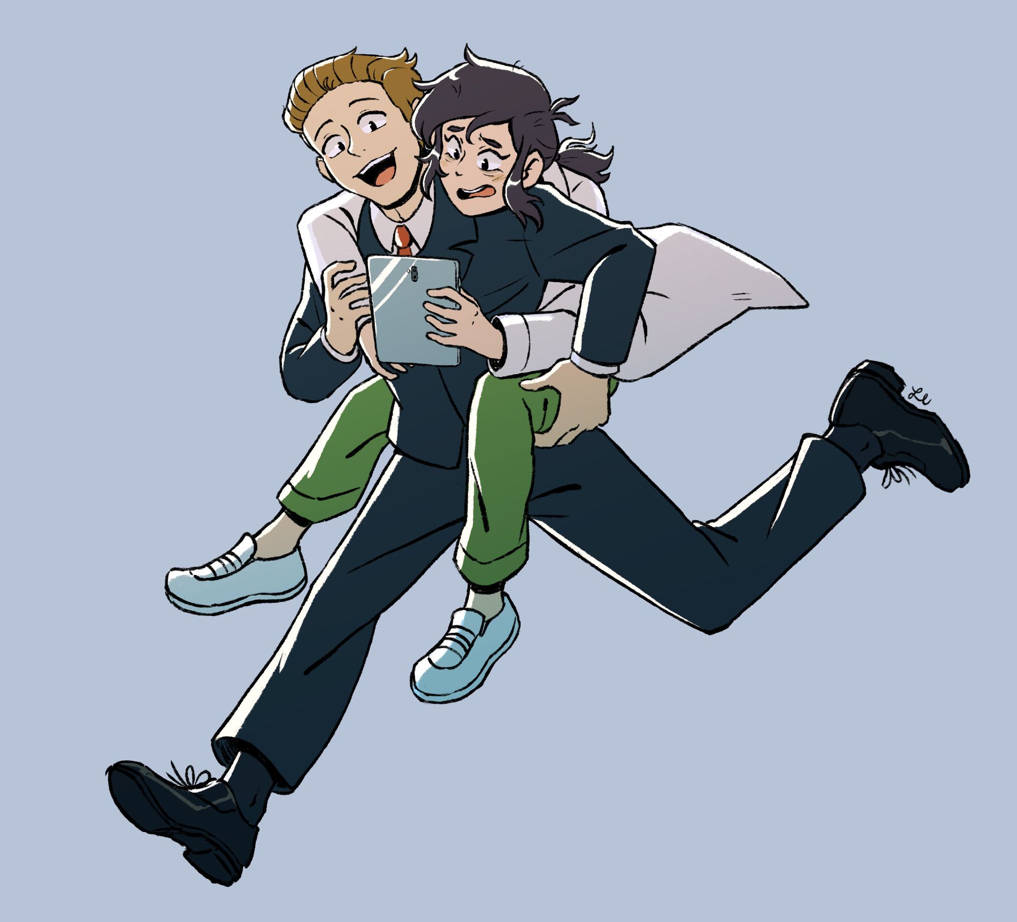 fanart of the inside job netflix show featuring brett carrying reagan on his back while she yells into an ipad