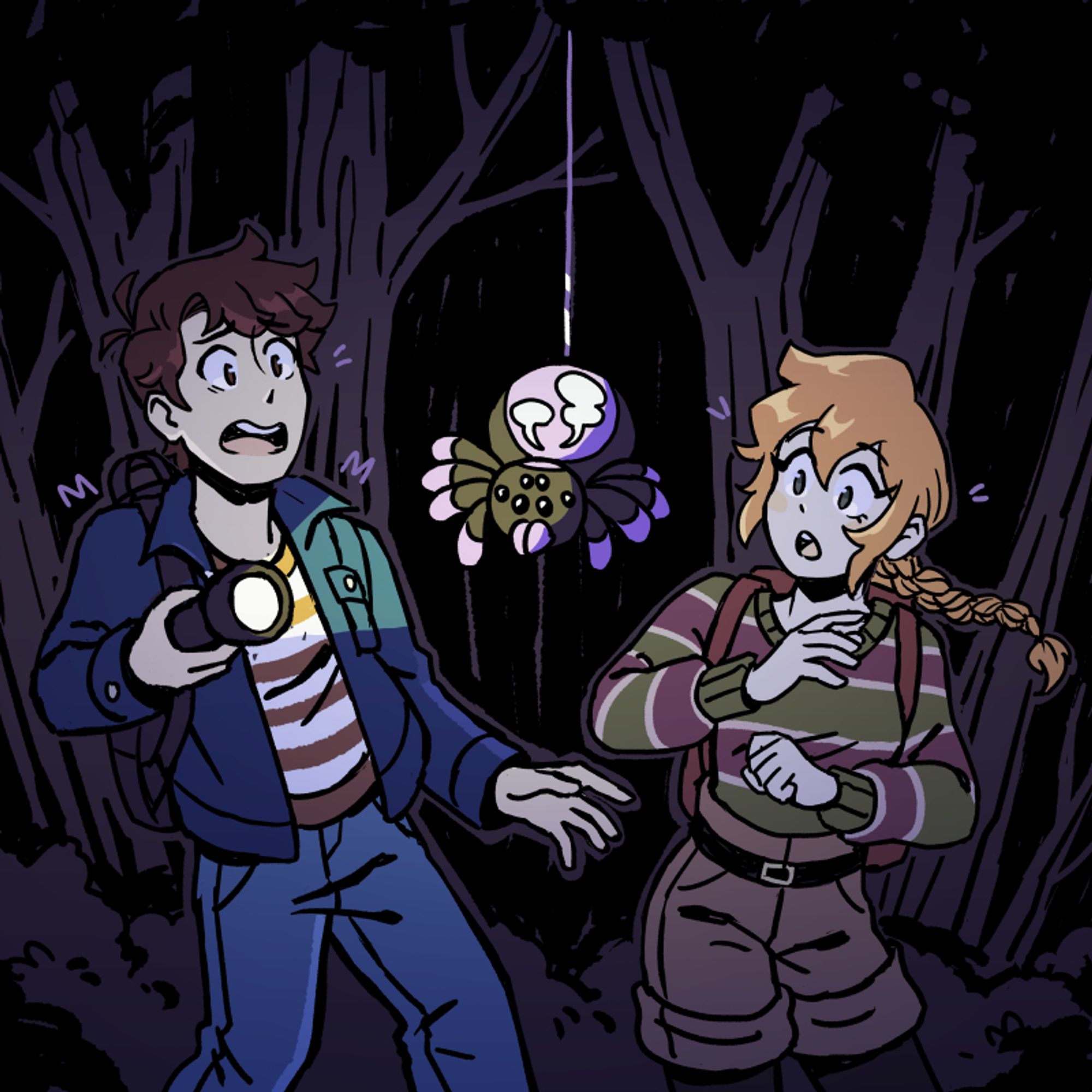 Neil and Lex, the main characters of my webcomic Ash in the Wind, are  in a dark forest alarmed by a large purple spider dropping down on them. The spider is SpiderFriend, the mascot of SpiderForest collective!