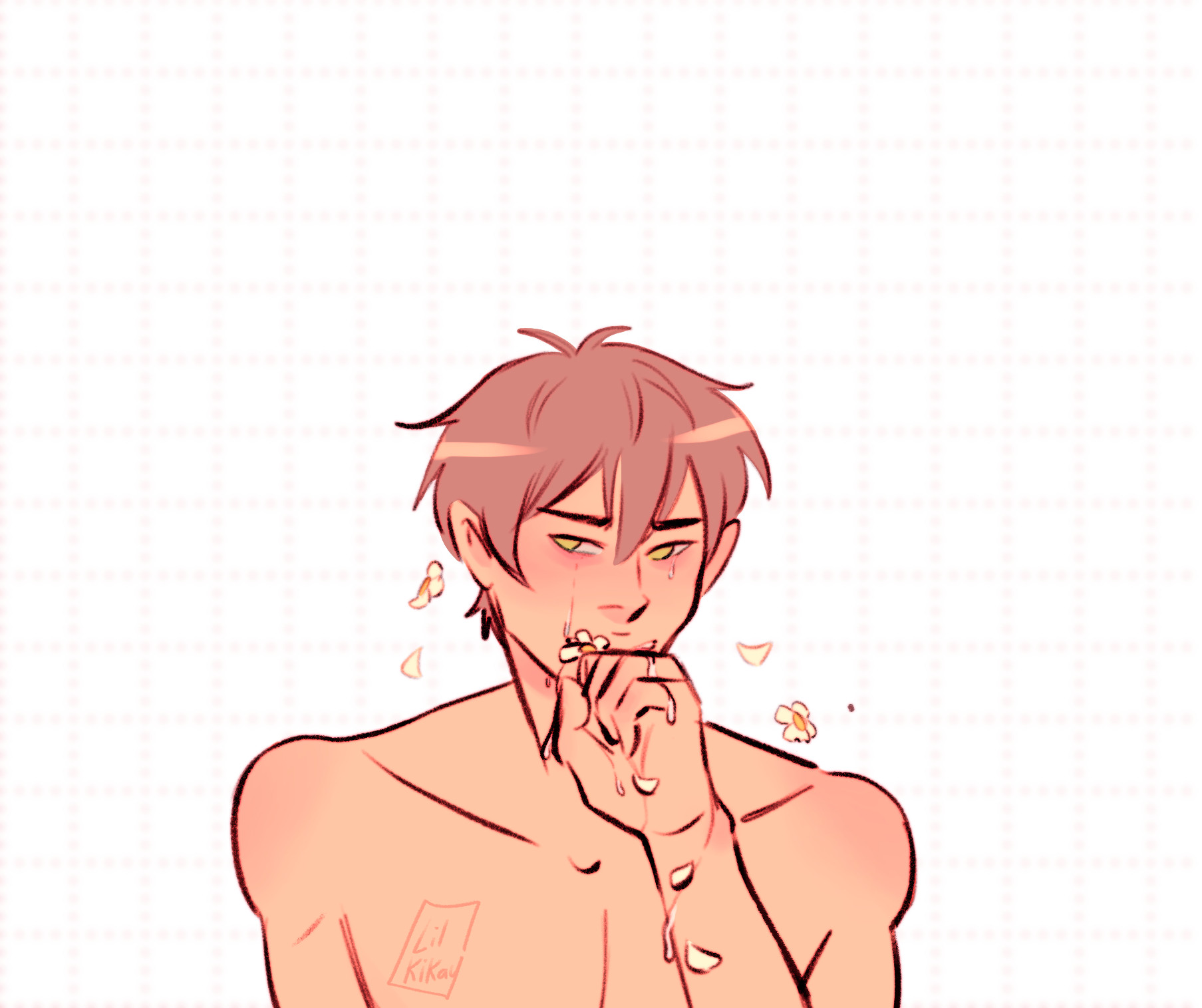 Sawamura Eijun, topless and with his left hand over his mouth as flowers and petals escape it.