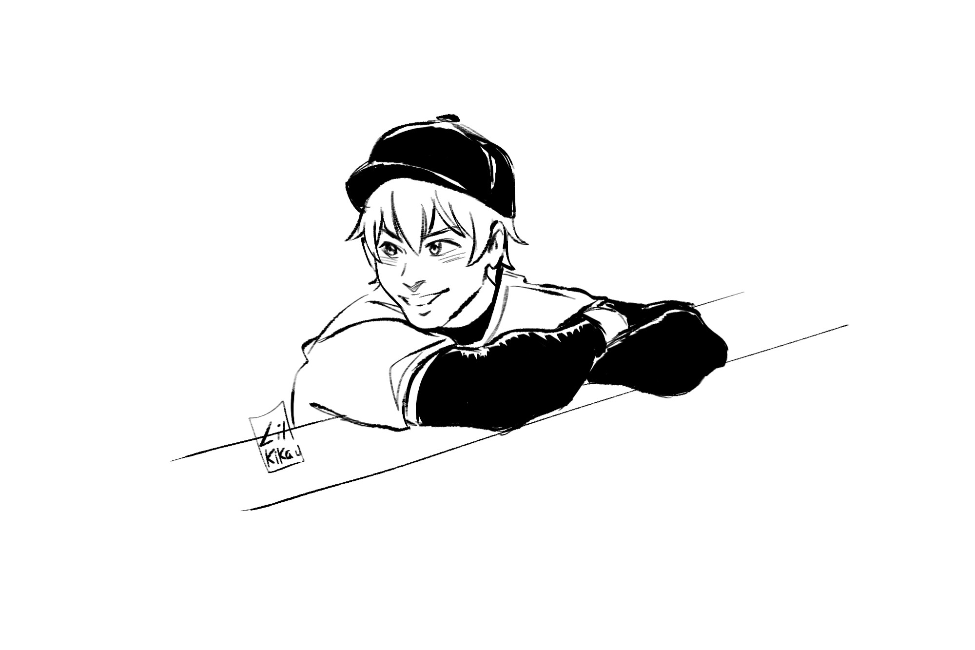 Eijun from Daiya no ace, arms crossed over a wall or fence (?) smiling