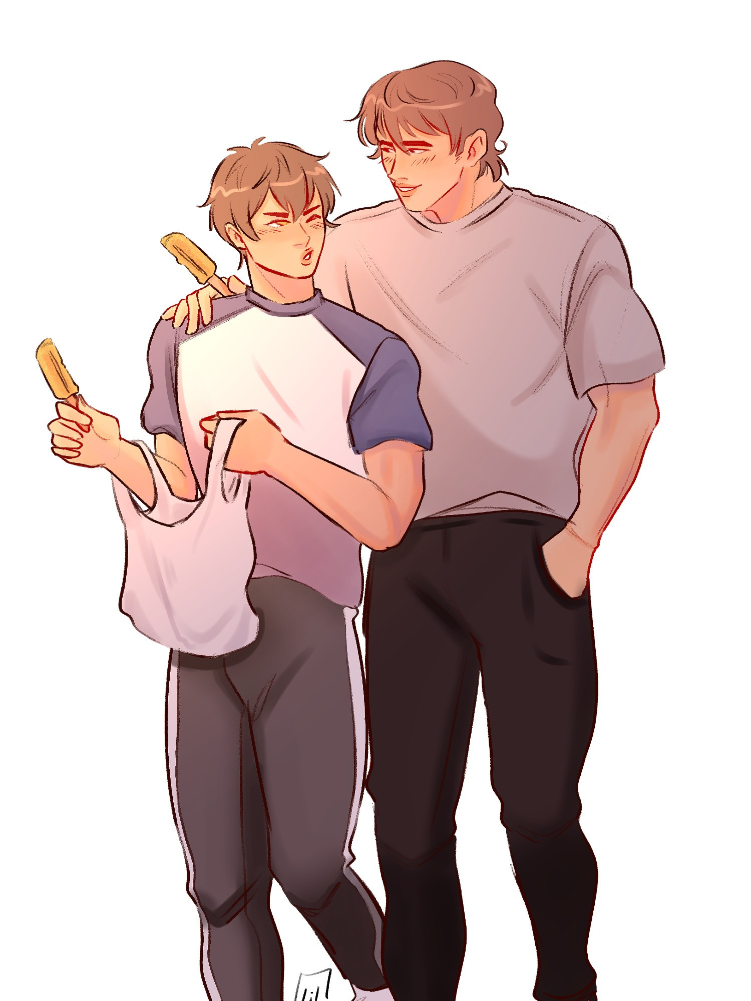 Takigawa Chris Yuu and Sawamura Eijun walking and sharing an orange popsicle. Eijun is holding a grocery bag and Chris has his hand on Eijun's shoulder.