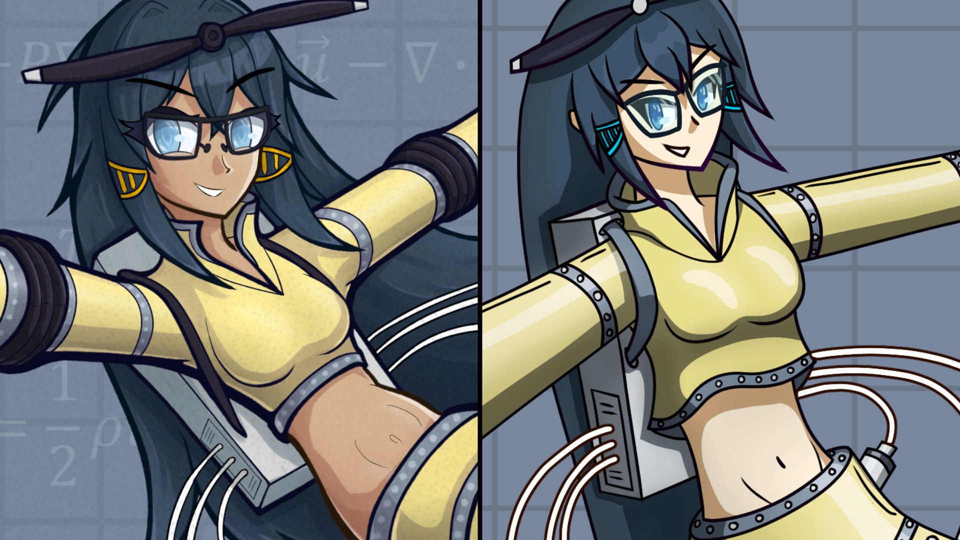 Zoomed in version of Wind Chan[nel] from 2024 on the left and her old design from 2023 on the right.