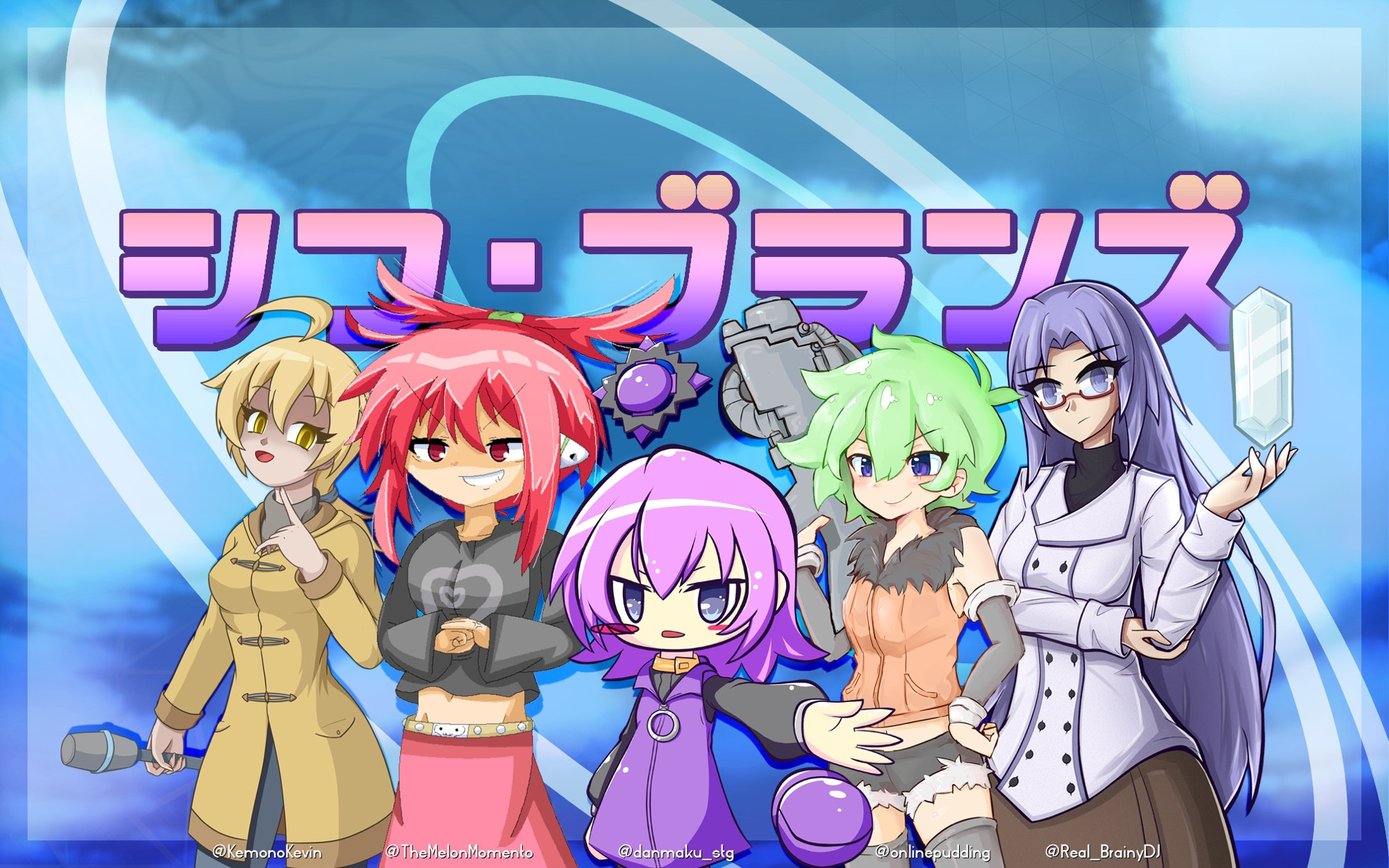 Collaboration fanart featuring the main 5 “Shifu Brands” with a bright background and Japanese text saying “Shifu Brands.” From left to right including Twitter handles, there is Saki by @KemonoKevin, Kae by @TheMelonMomento, Nanako by @danmaku_stg, Iru by @onlinepudding, and Kyoko by @Real_BrainyDJ.