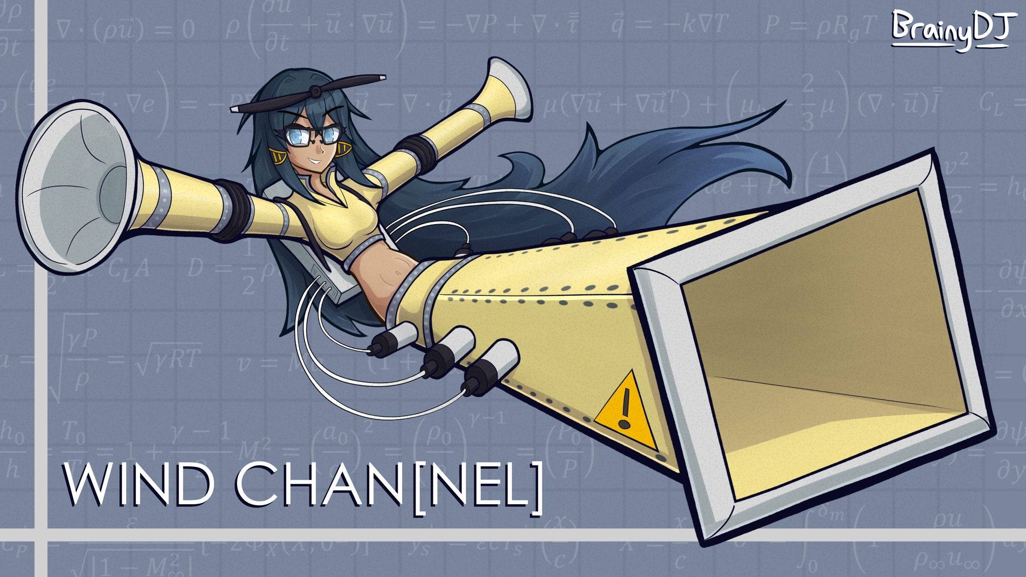 Drawing of Wind Chan[nel], an anime girl designed to look like a university subsonic wind tunnel. The background has her name and decorative fluids equations.