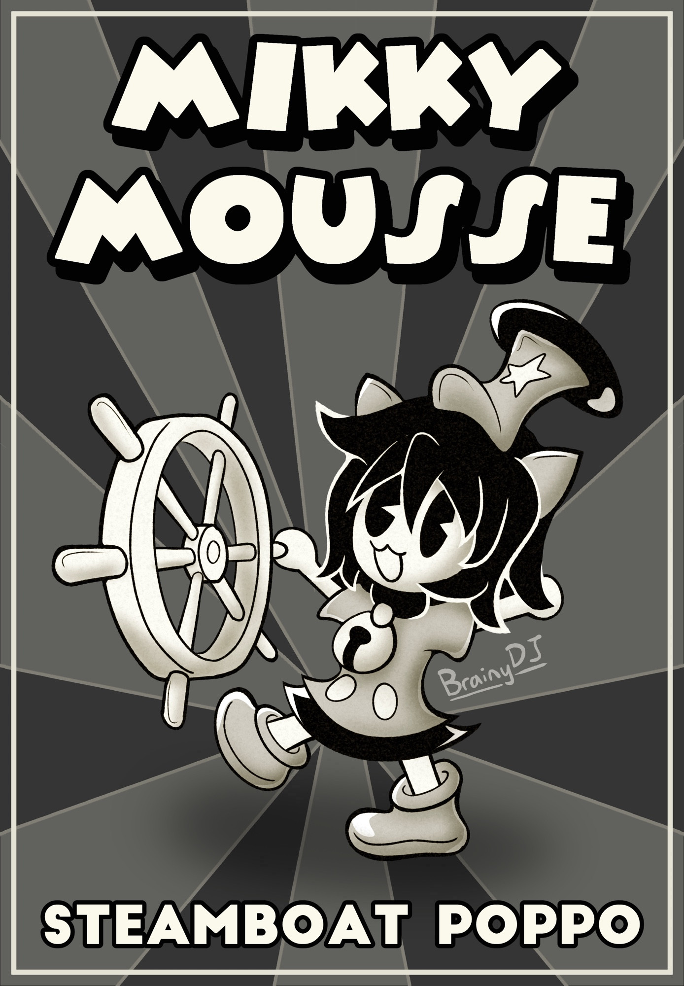 Poppo from 100% Orange Juice drawn in a 1930s cartoon style, parodying Steamboat Willie.