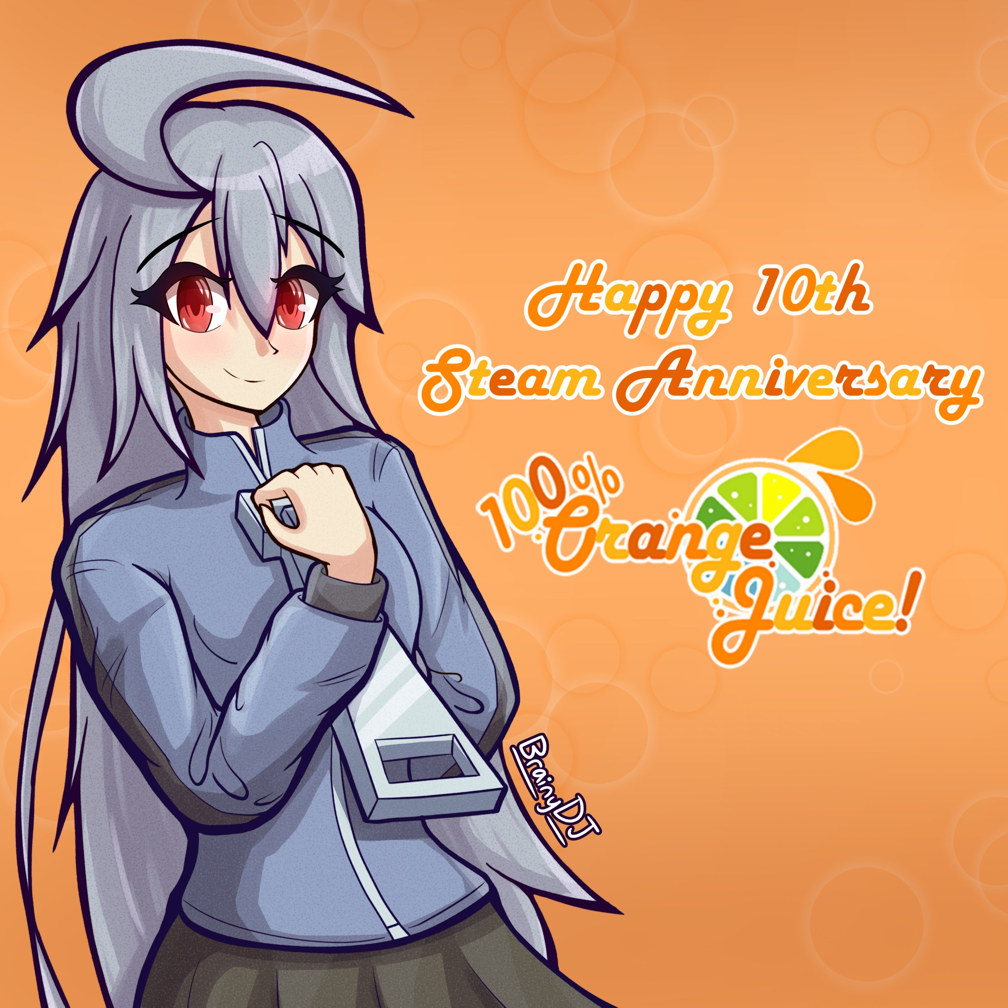 Suguri from 100% Orange Juice with text in the background saying “Happy 10th Steam Anniversary 100% Orange Juice!”