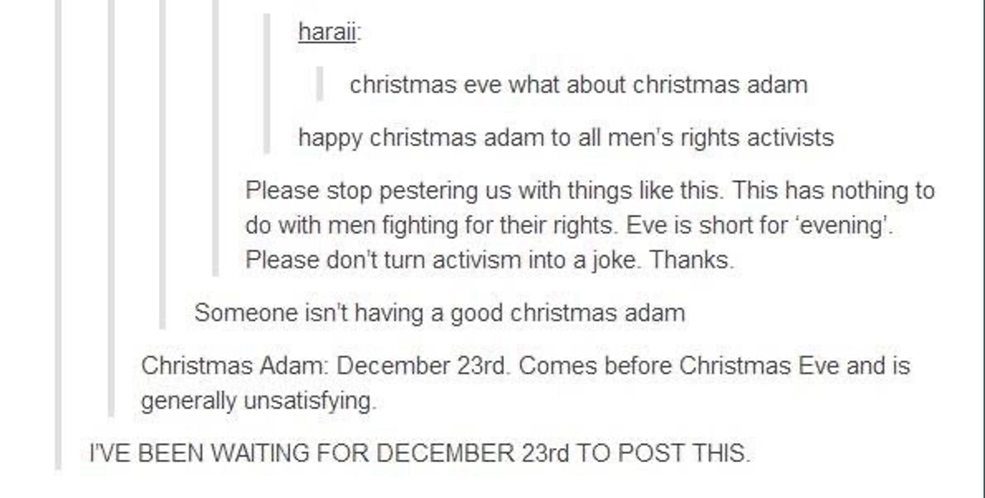 Text conversation describing December 23 as "Christmas Adam": "Comes before Christmas Eve and is generally unsatisfying."