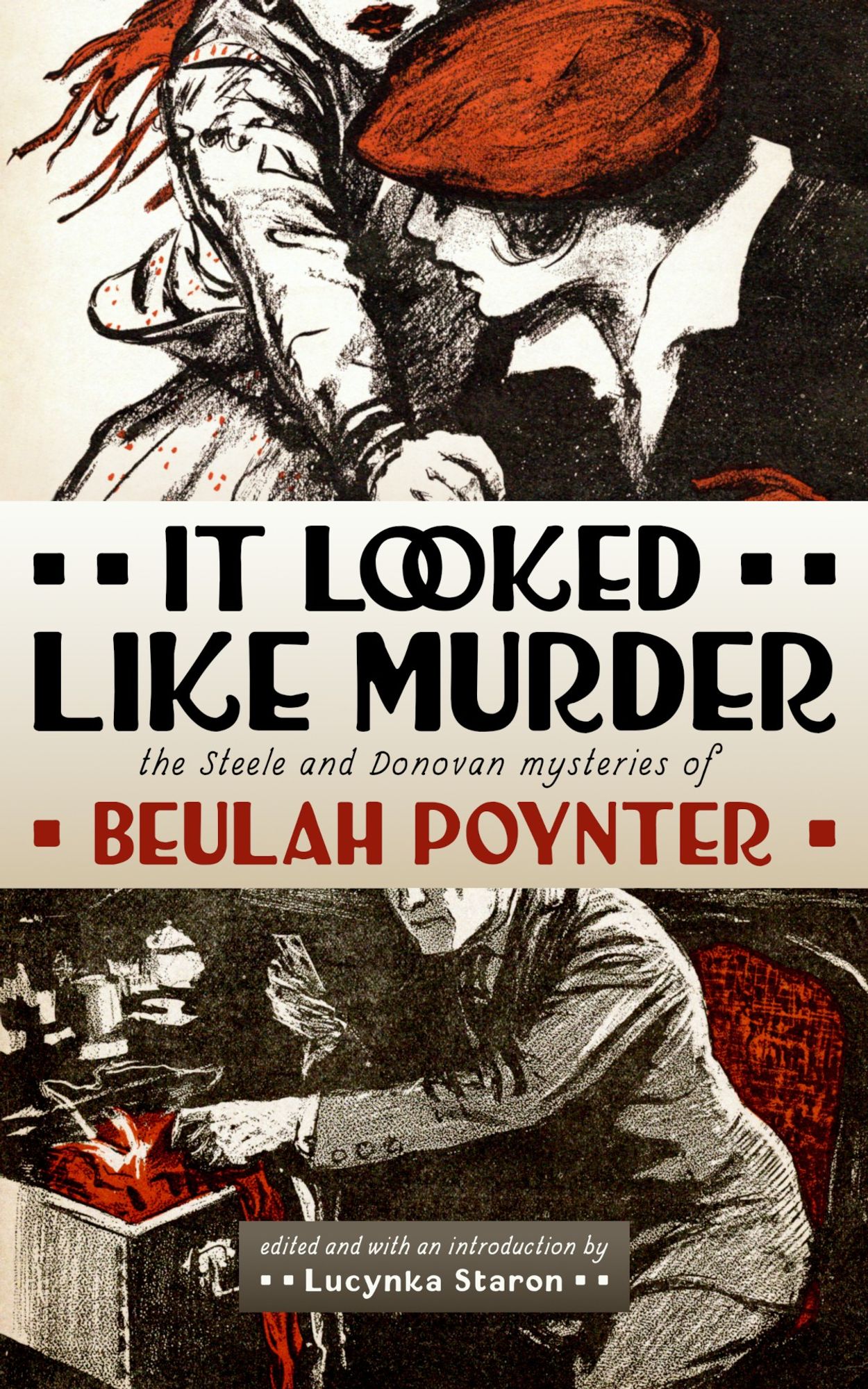 The front cover, featuring two (cropped) illustrations from the original magazine covers.  The color scheme is very black, white, and red, with a bit of beige thrown in.