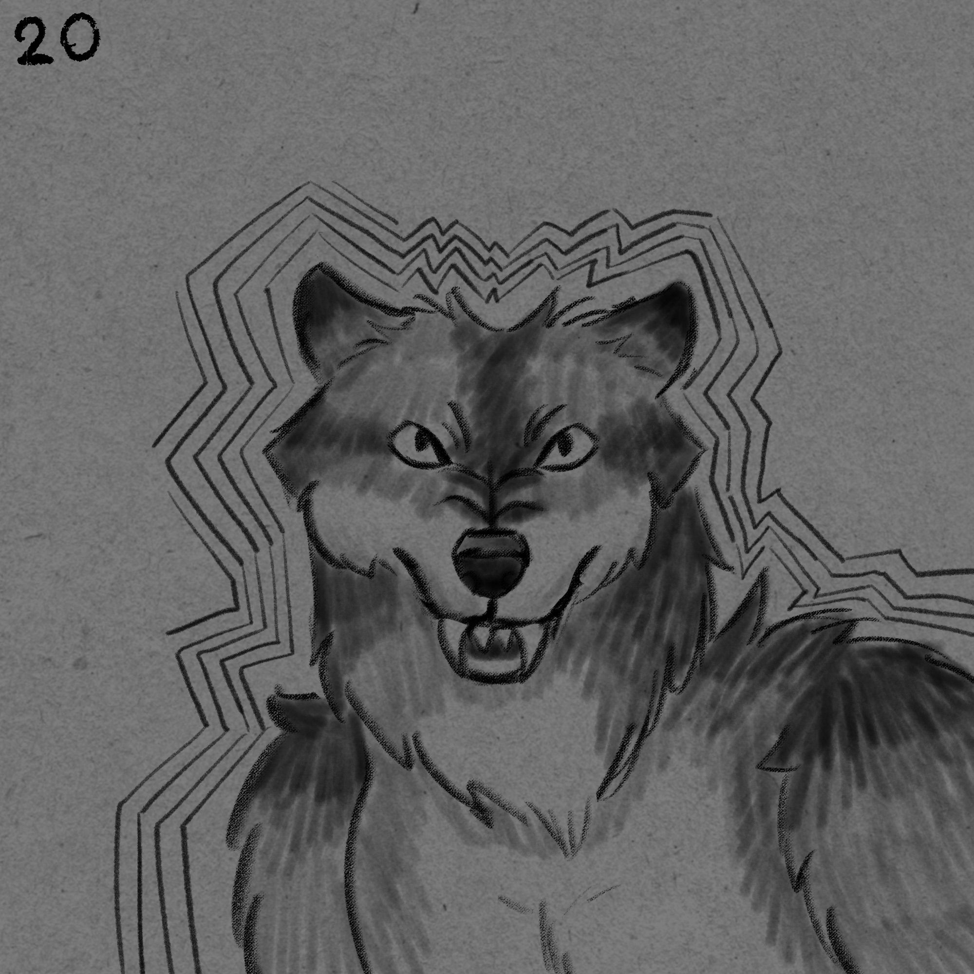 A werewolf colored in digital graphite growls at the viewer. It is surrounded by repeating geometric lines that outline its general shape.