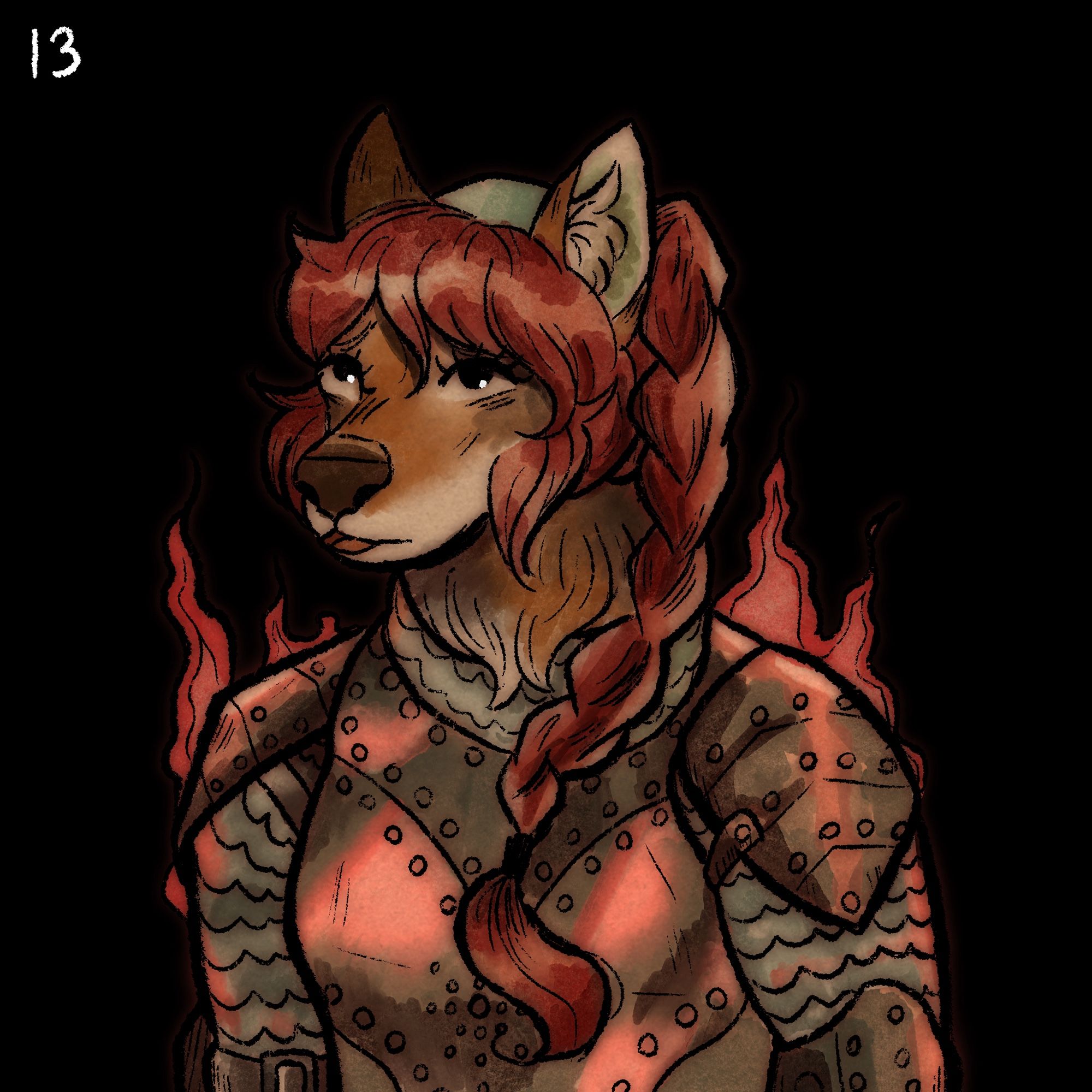 Chappell Roan as a red werewolf. She is dressed up in knight’s armor and has her red hair in a long braid. Fire covers her shoulders as she looks up, mouth slightly agape.