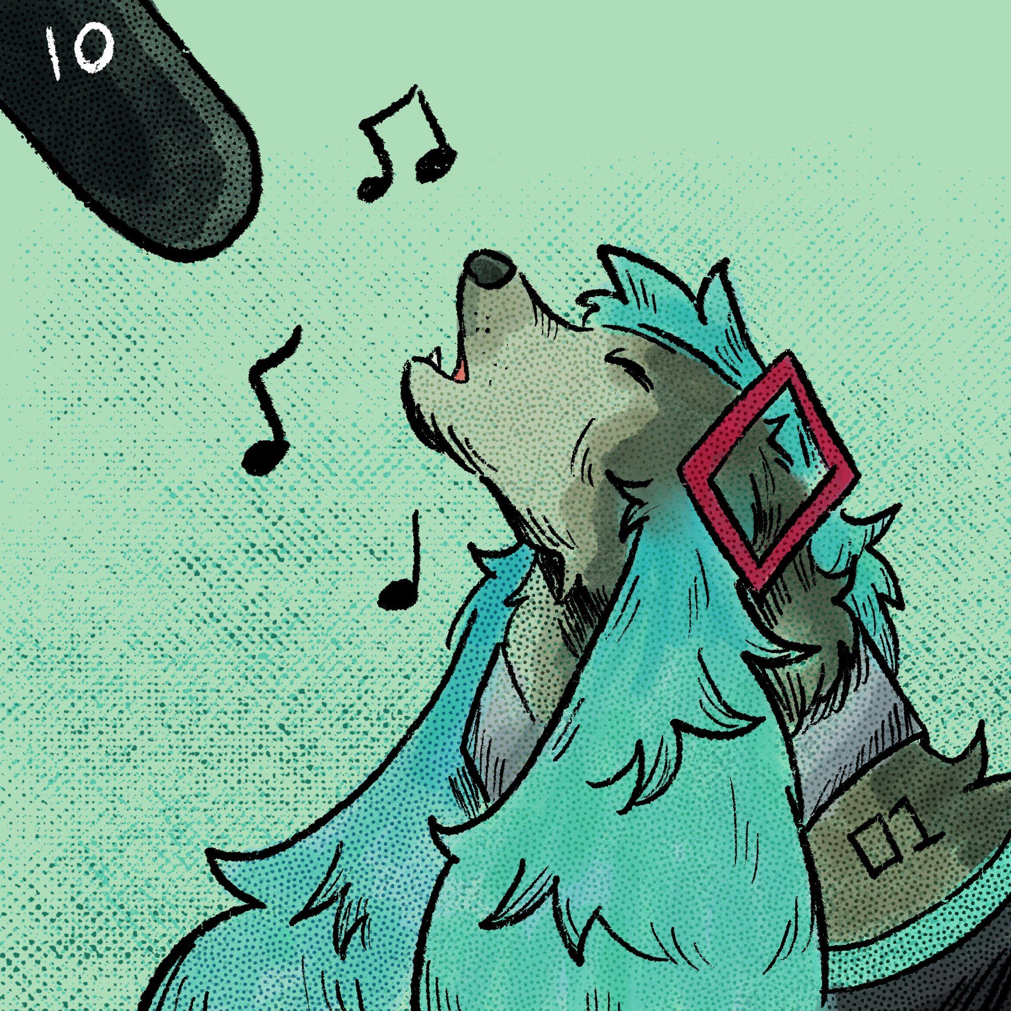 A gray wolf with teal pigtails wears a gray collared shirt with black sleeves while howling into a microphone. Music notes surround it. The wolf is reminiscent of the Vocaloid Hatsune Miku.