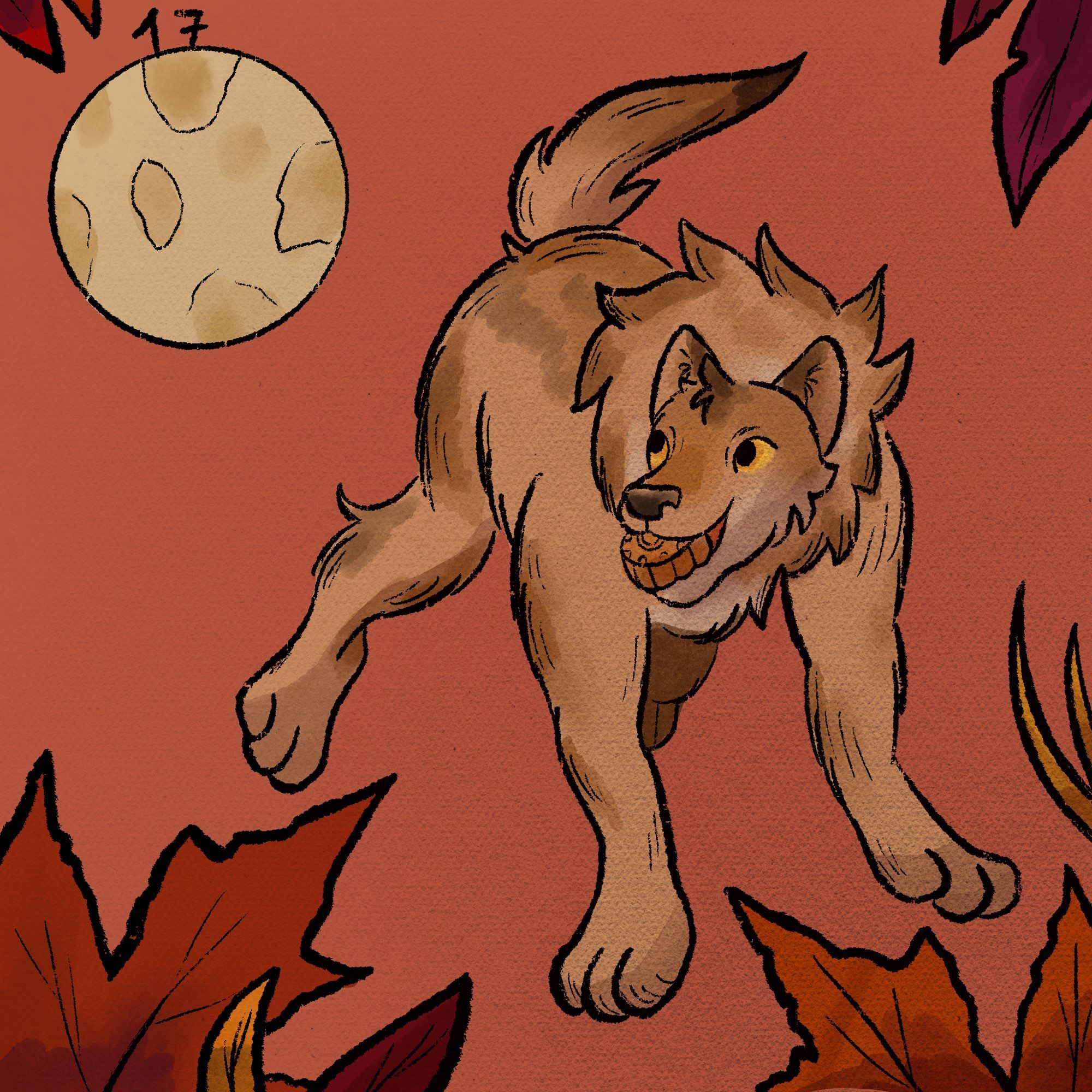 Against a light red background, a cream colored werewolf runs under a full moon with a mooncake in its mouth. Autumn foliage surrounds the corners of the canvas.