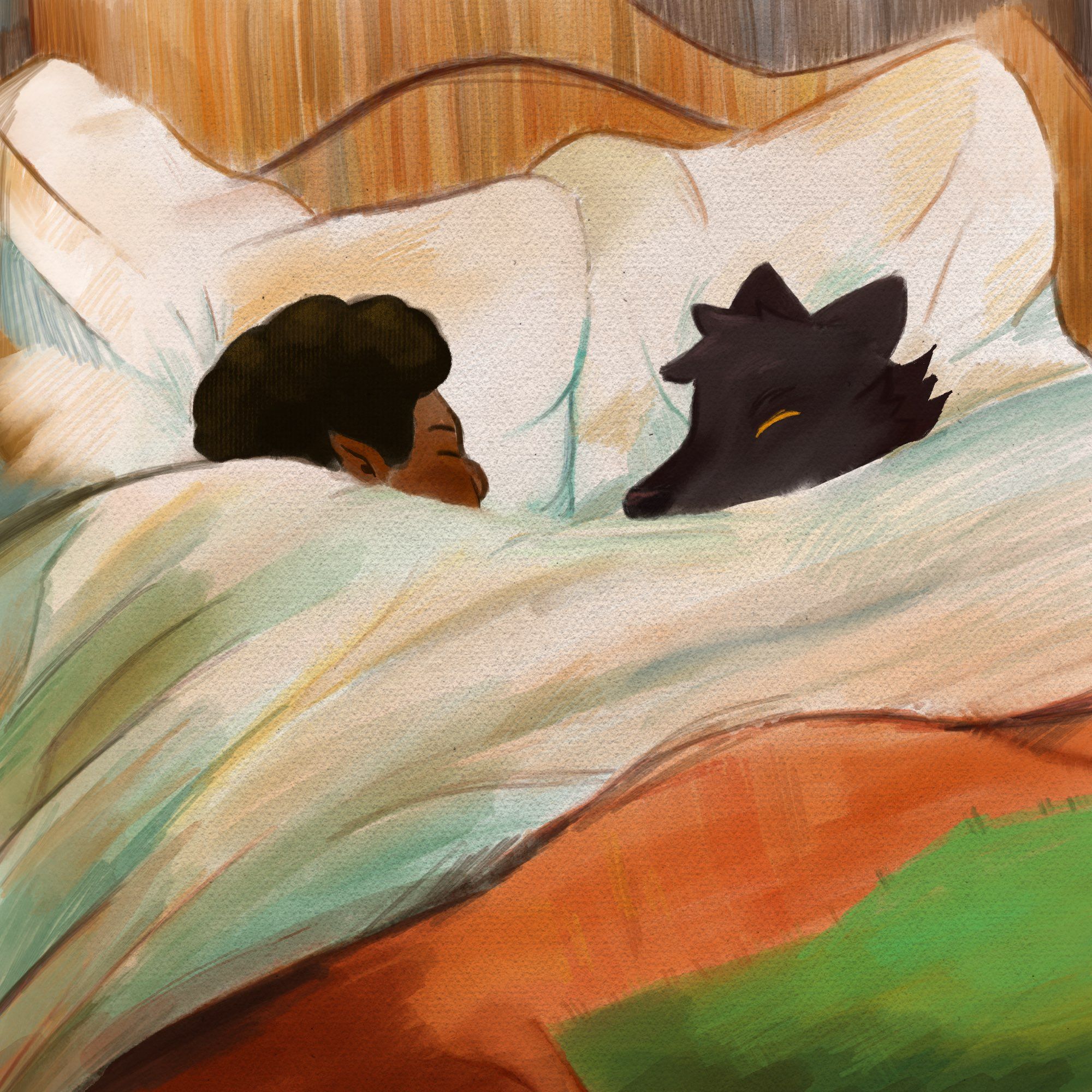 In a large bed covered by an orange and green quilted comforter, a vampire and a werewolf sleep peacefully. The vampire has dark brown skin and pointy ears, their hair is worn in a short afro. The werewolf has black fur and squinting yellow eyes. The scene is warm and painterly, a rendition of Le Lit by Toulouse-Lautrec.