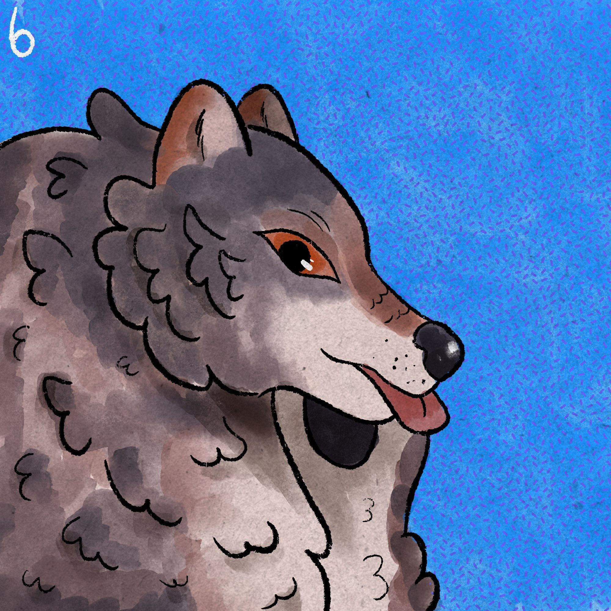 Against a bright blue background, a grey werewolf with orange eyes sticks their tongue out playfully.