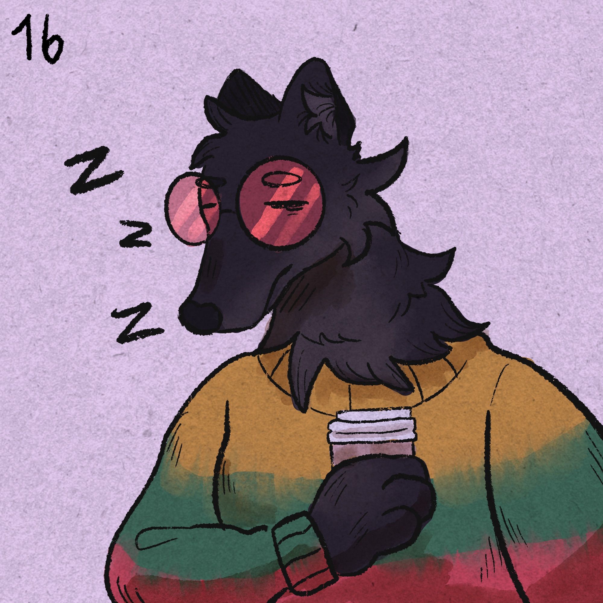 A black-furred werewolf snoozes against a lavender background while holding a to-go cup of coffee. They wear red glasses and a sweater with yellow, green, and red stripes.