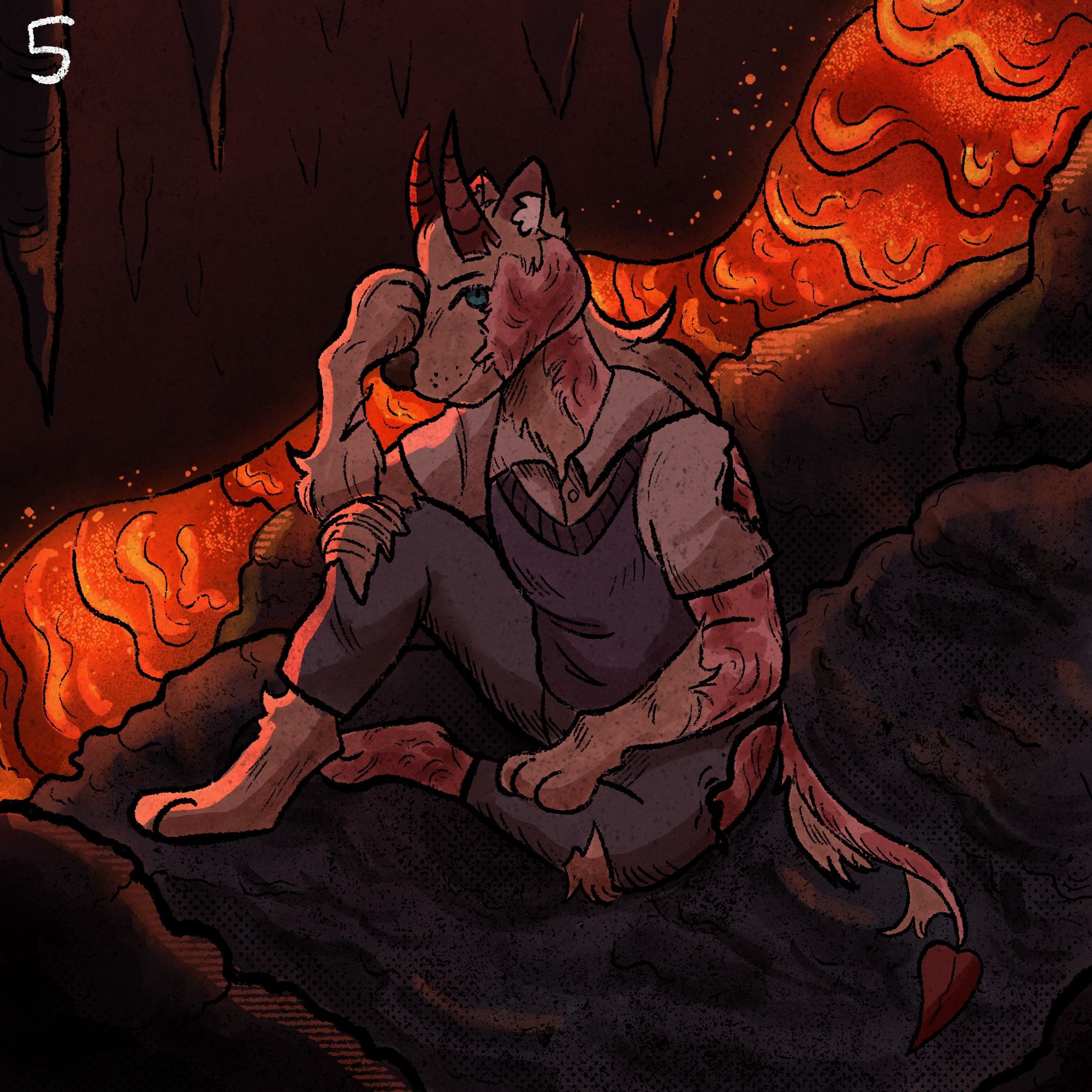 Kipperlilly Copperkettle sits on a craggy volcanic hill, backlit by flowing lava. She’s a blonde werewolf devil with burn scars on the left side of her body. She has a skinny devil’s tail and two red horns, and wears a sweater vest and jeans.