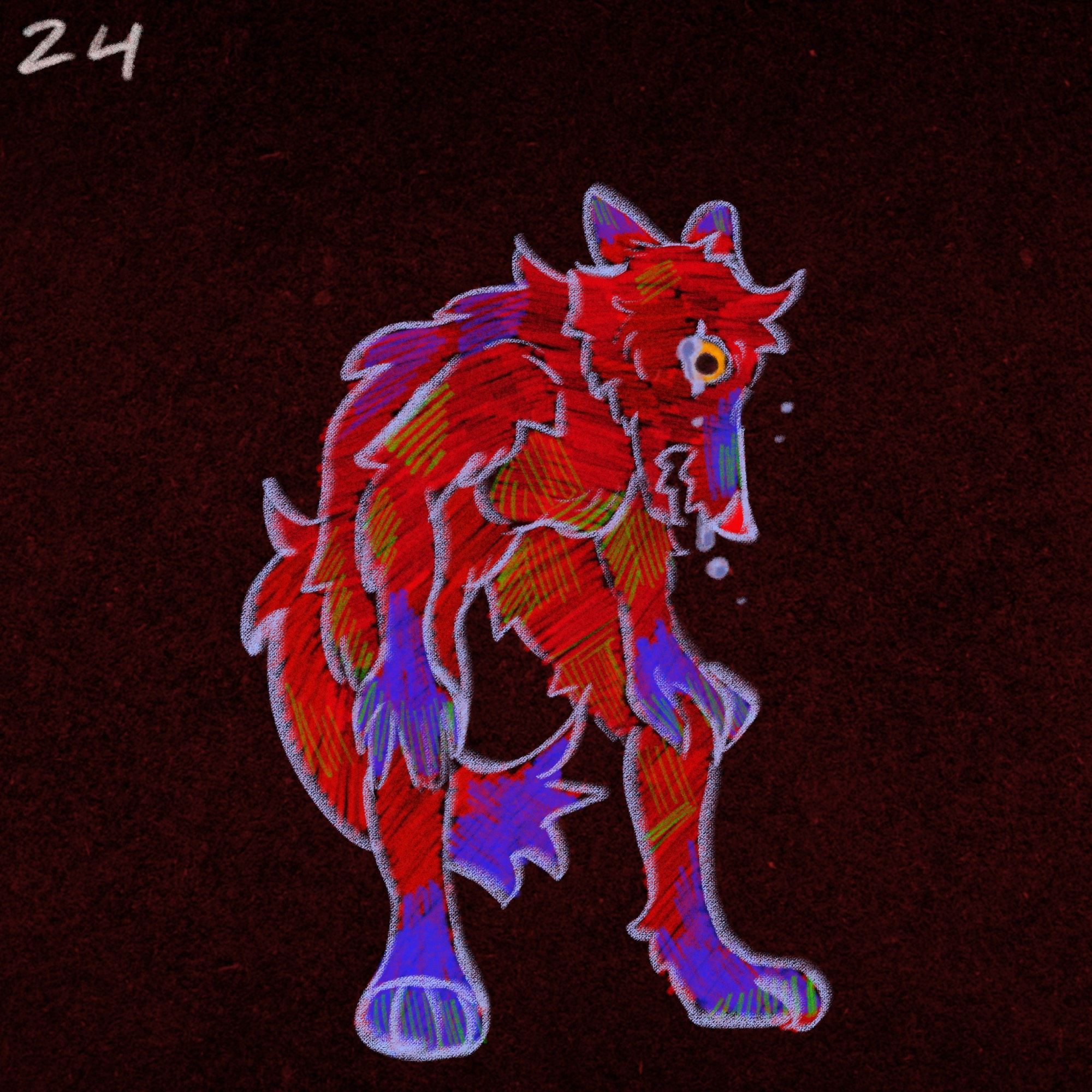 Against a dark background, a neon red werewolf with blue and green markings hunches over whilst crying.