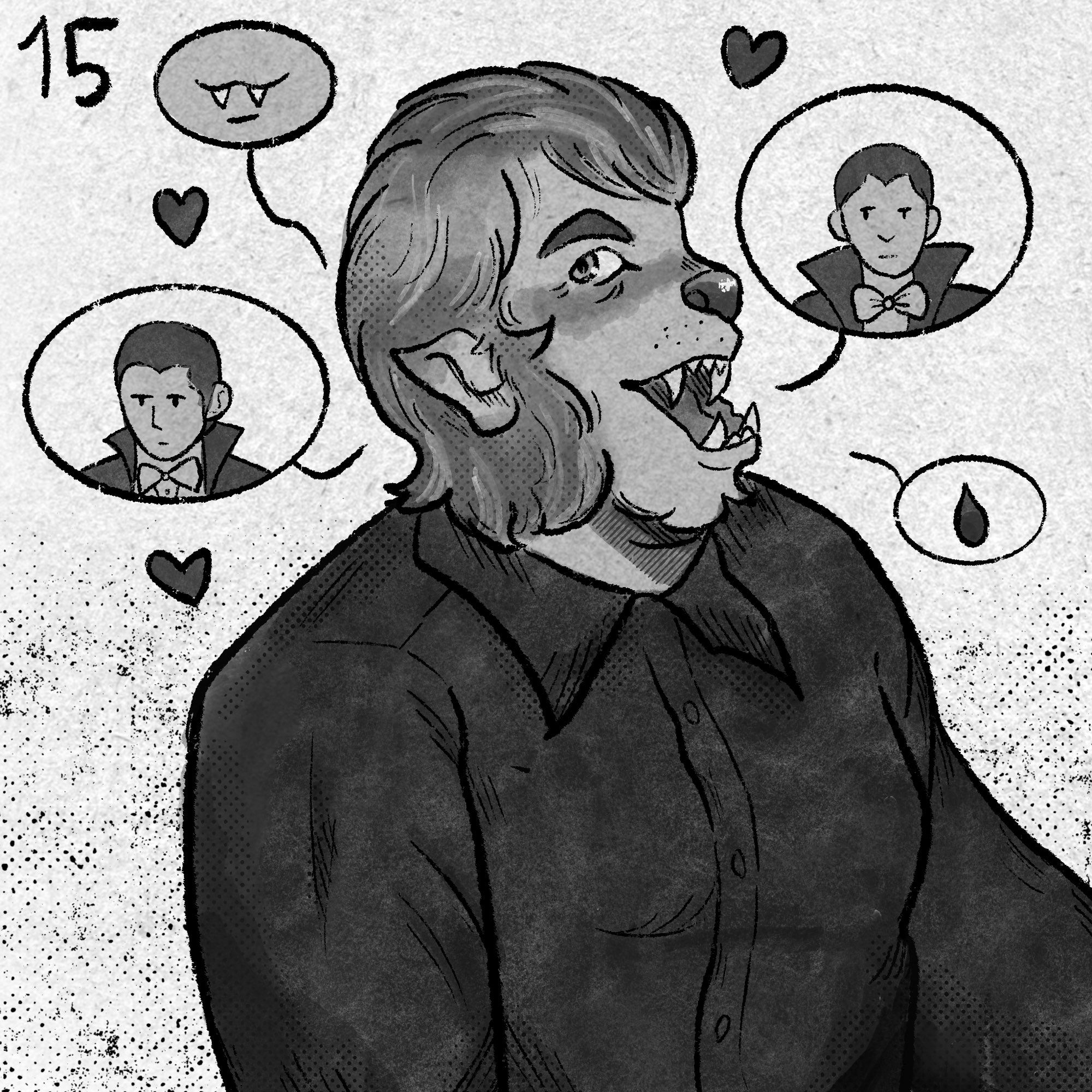 A humanoid werewolf reminiscent of the classic Wolf Man is surrounded by speech bubbles. She’s a fat, smiling butch lesbian wearing a collared shirt and has grey streaked through her hair. In the speech bubbles are doodles of Dracula, a pair of fangs, and a blood drop. Hearts float around the werewolf.