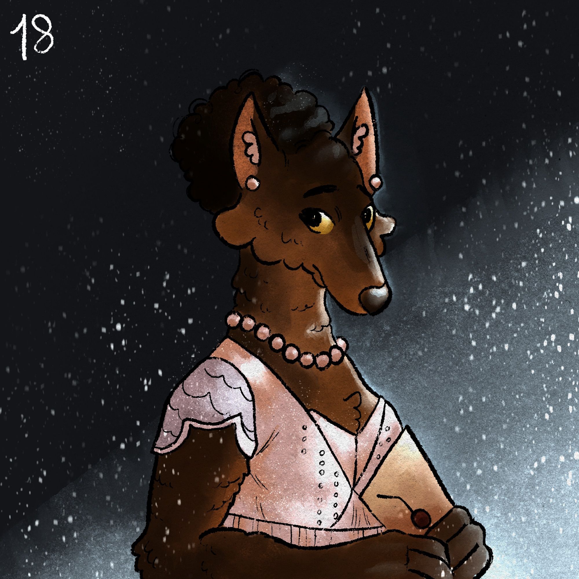 A werewolf with deep brown fur wears a stunning white dress and a string of pearls. She holds a letter close to her chest, lit by the moonlight reflecting off the falling snow. Her curly hair is in an updo, and she is looking softly at the camera.