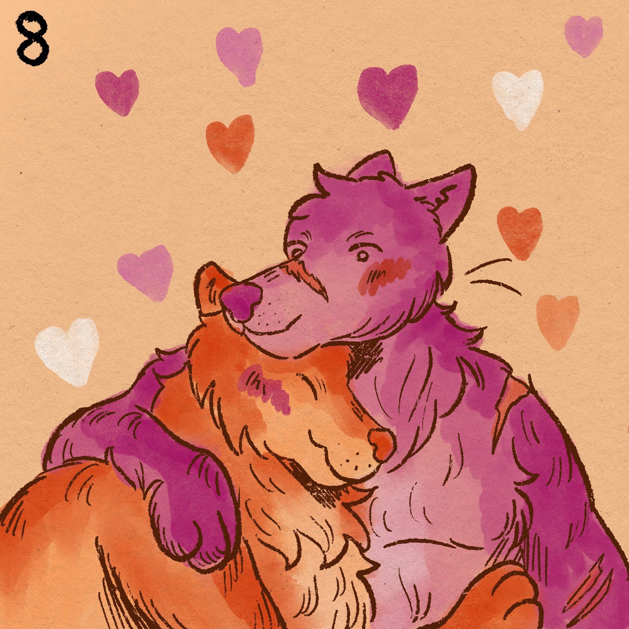 Two werewolves cuddle. One is painted in orange hues and the other in purple hues. They’re both surrounded by hearts in the color of the lesbian flag.