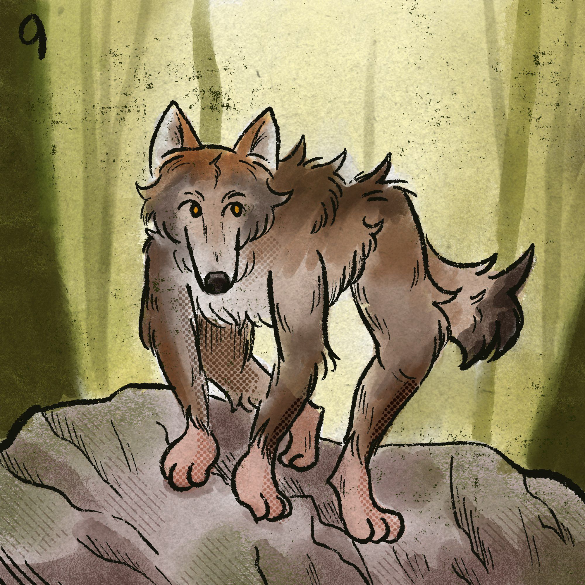 A lanky grey werewolf stands on four legs on a mossy rock amidst a green forest.