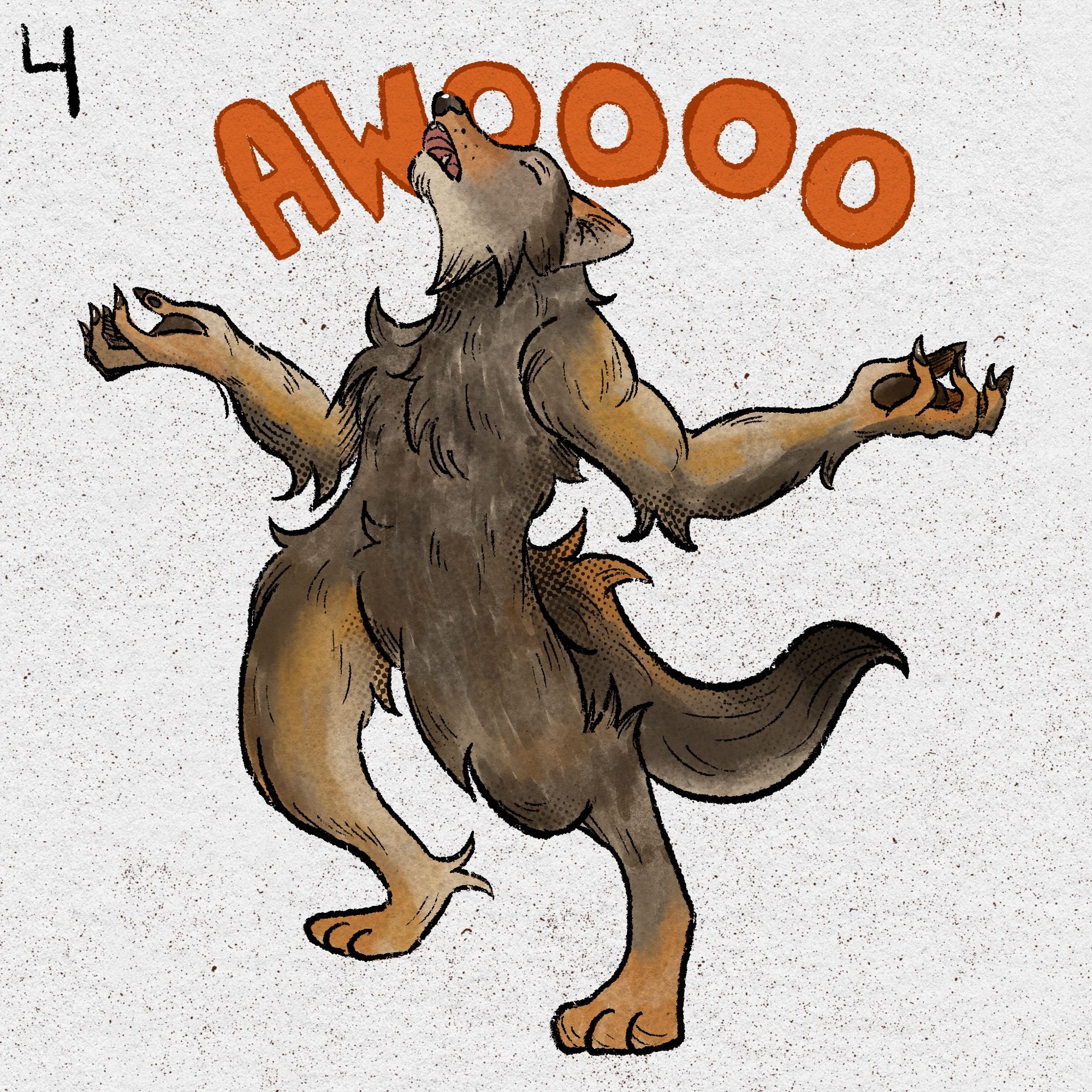 A grey and tan werewolf howls, text behind them reads “awoooo.”