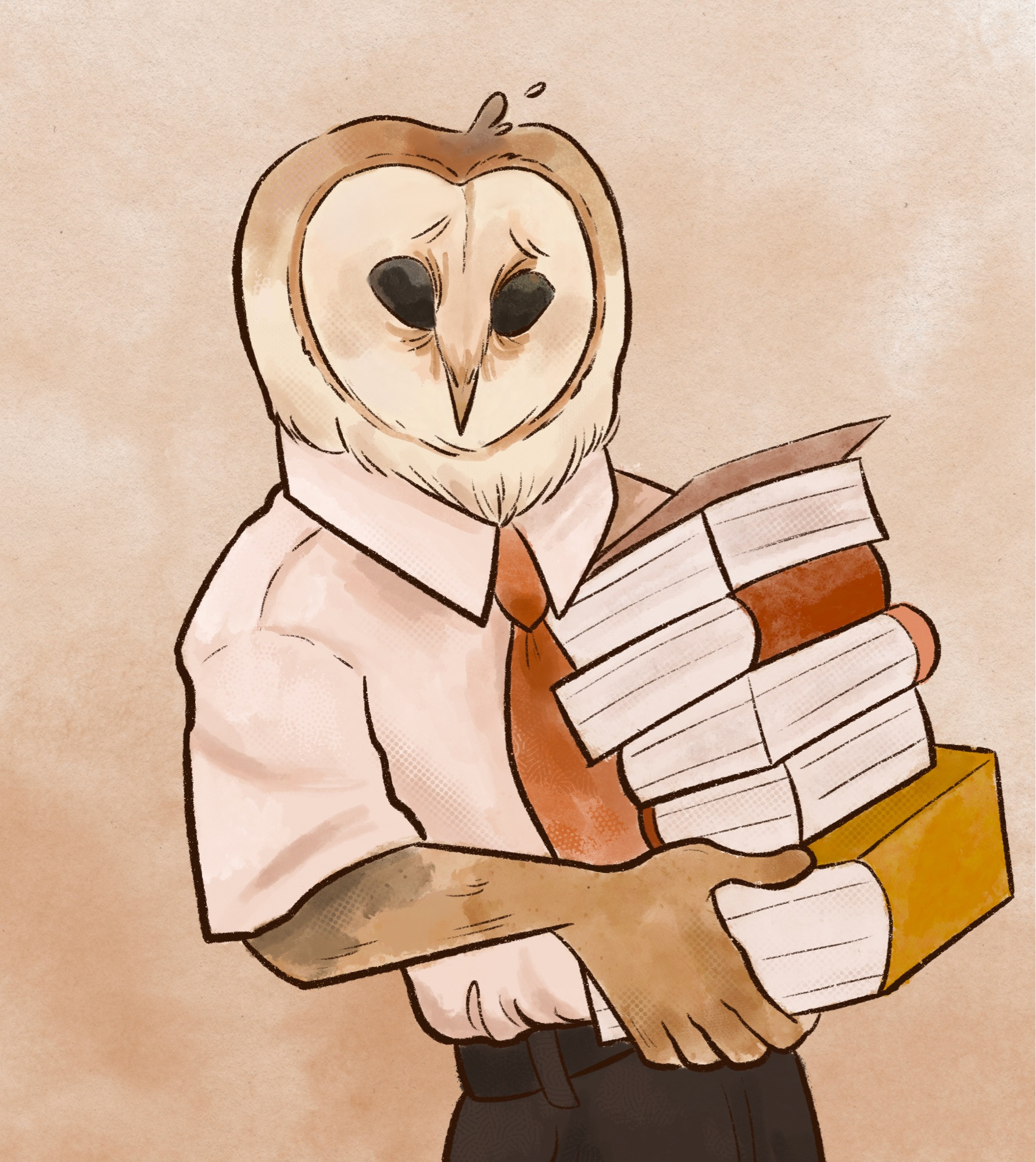 An anthropomorphic barn owl holds a pile of books in their arms, looking anxious.