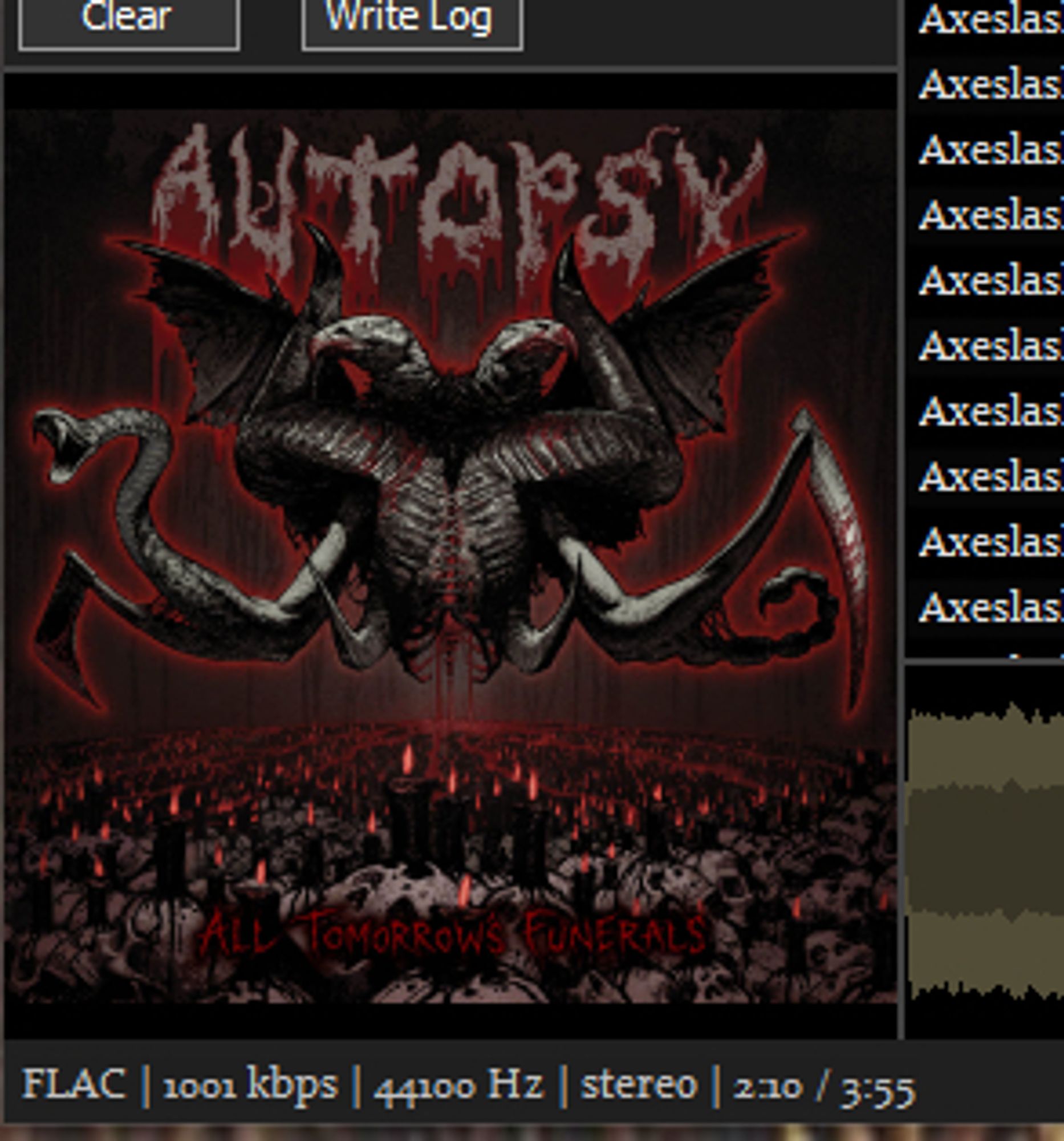 Screenshot of Foobar2000 playing Autopsy - All Tomorrow's Funerals.  In FLAC of course