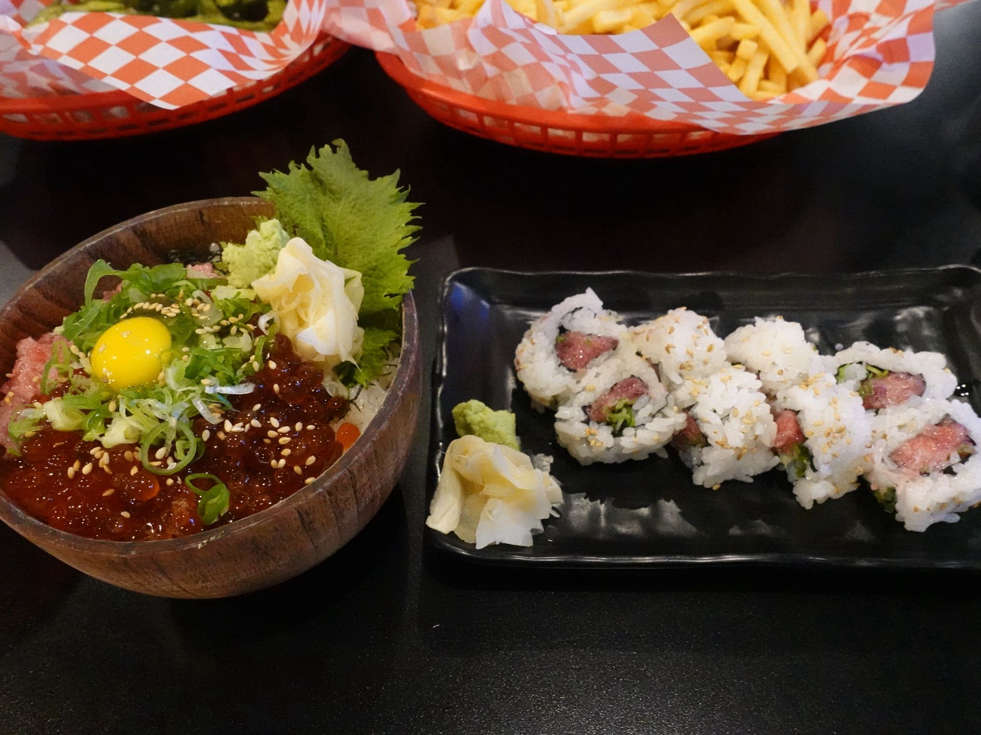 Negitoro-ikura bowl and reverse negitoro sushi roll