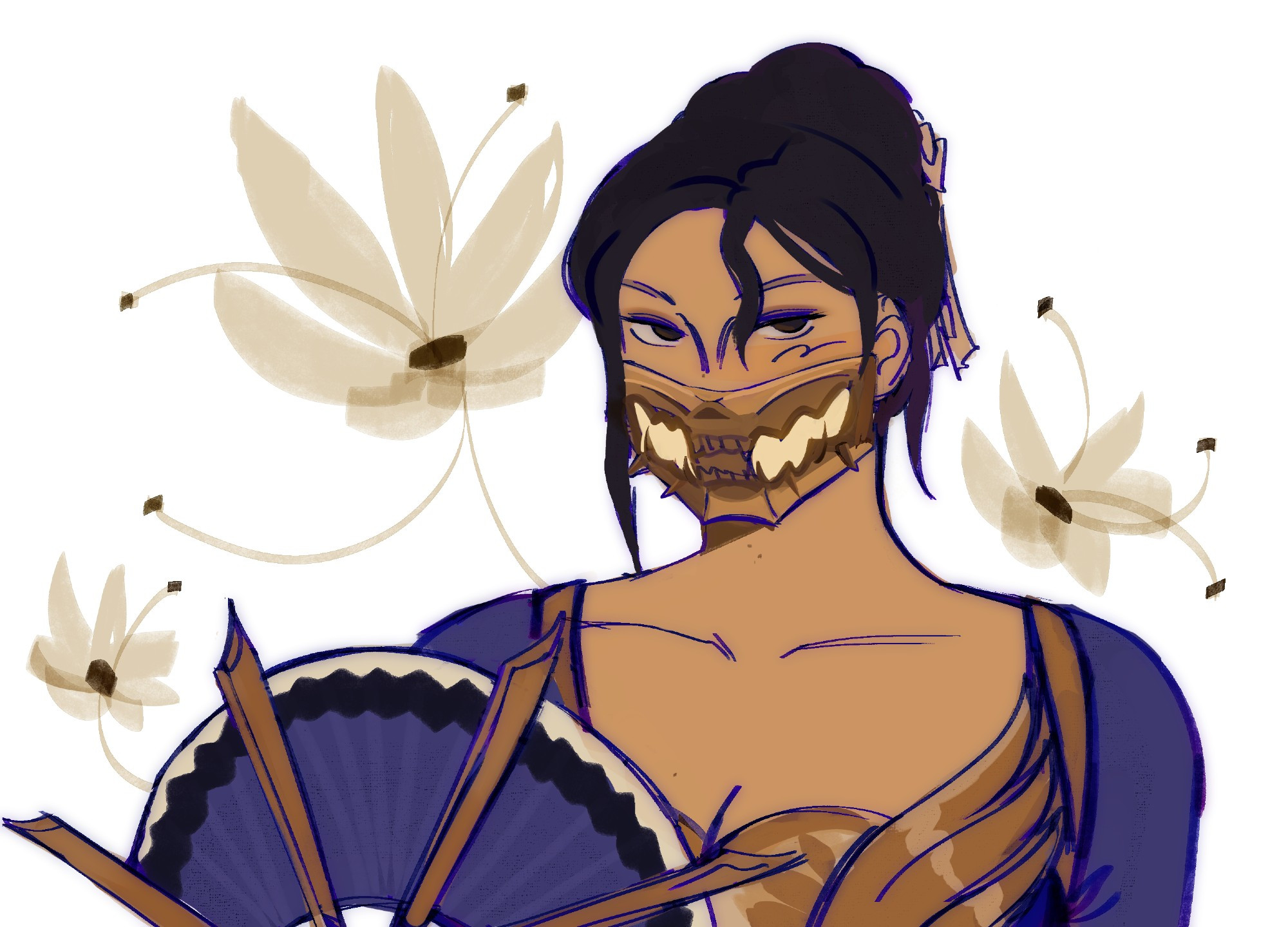 kitana bust from mortal kombat in a blue skin with her hair up, flowers in the bg