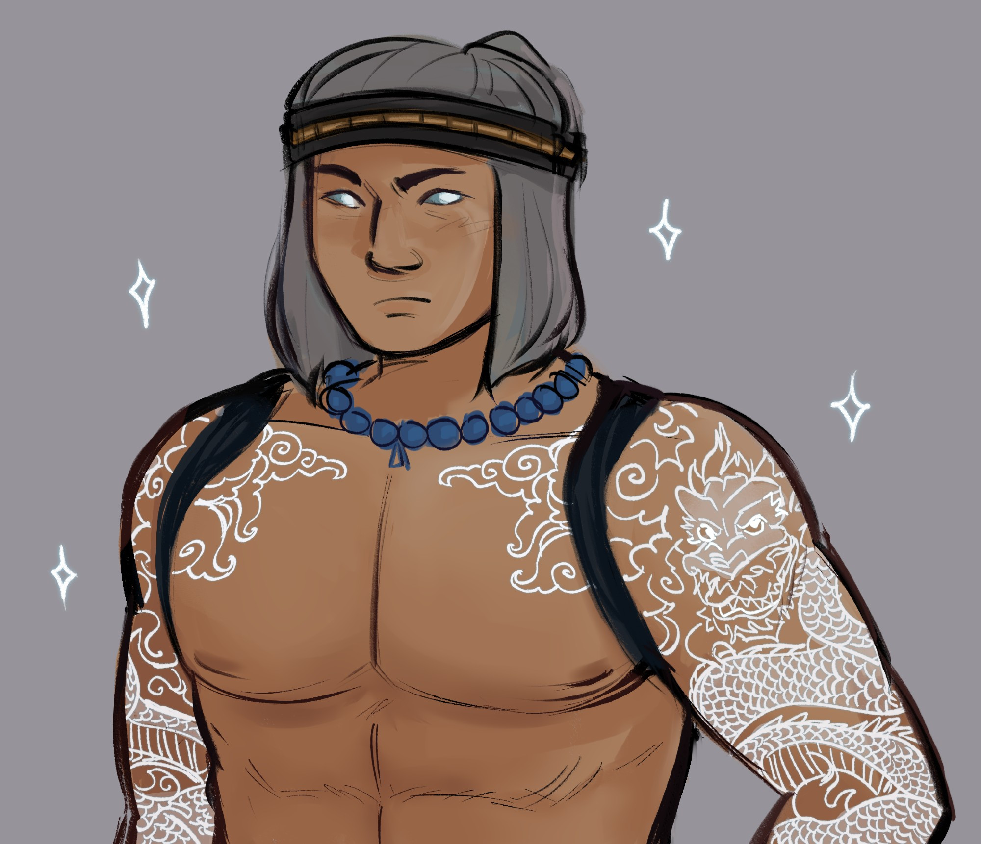 Liu kang mk11 shirtless in his godform. Bust shot with his tattoos out and a few sparkles around him